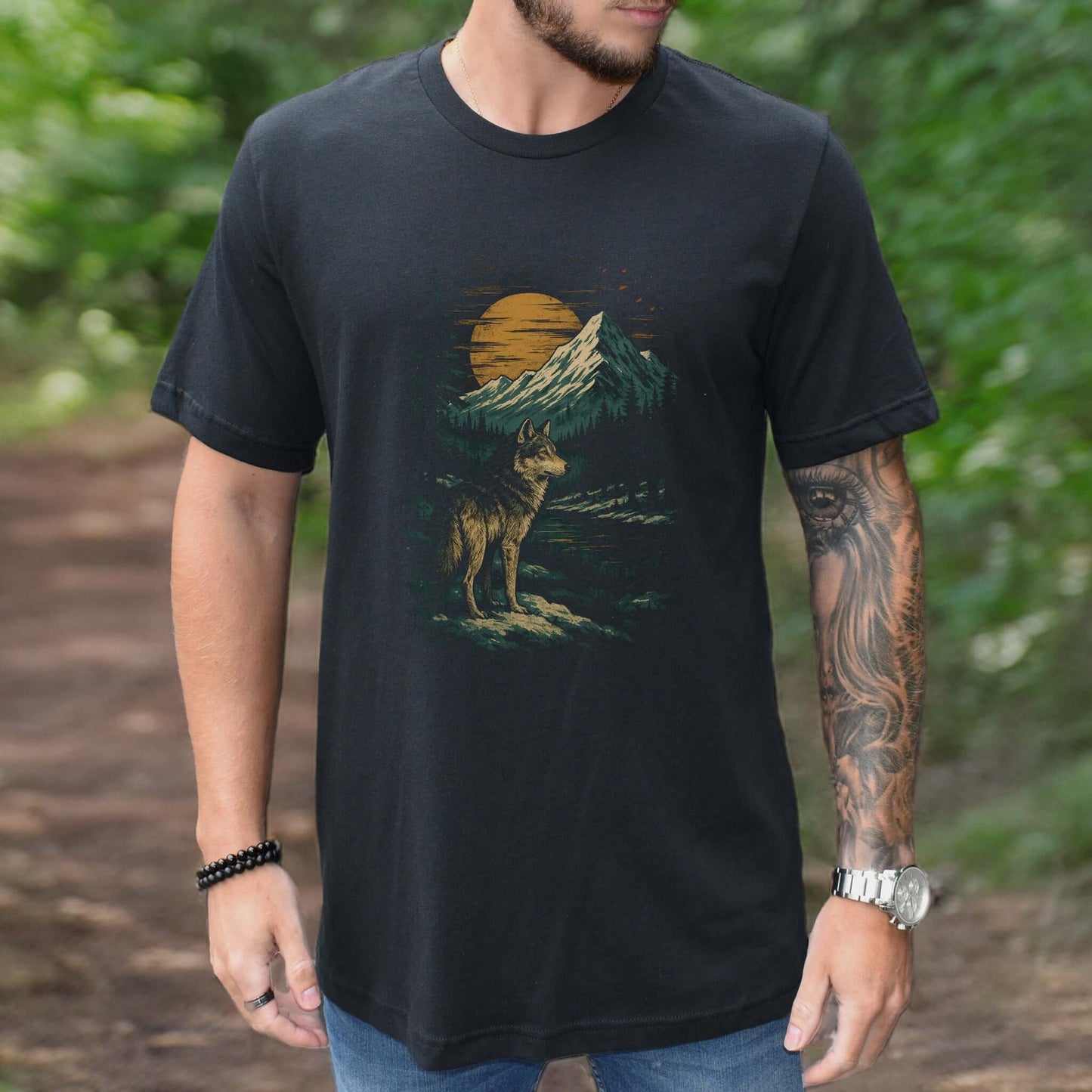 Spirit Wolf at Sunset T-Shirt – Japanese Style Mountain Landscape Tee