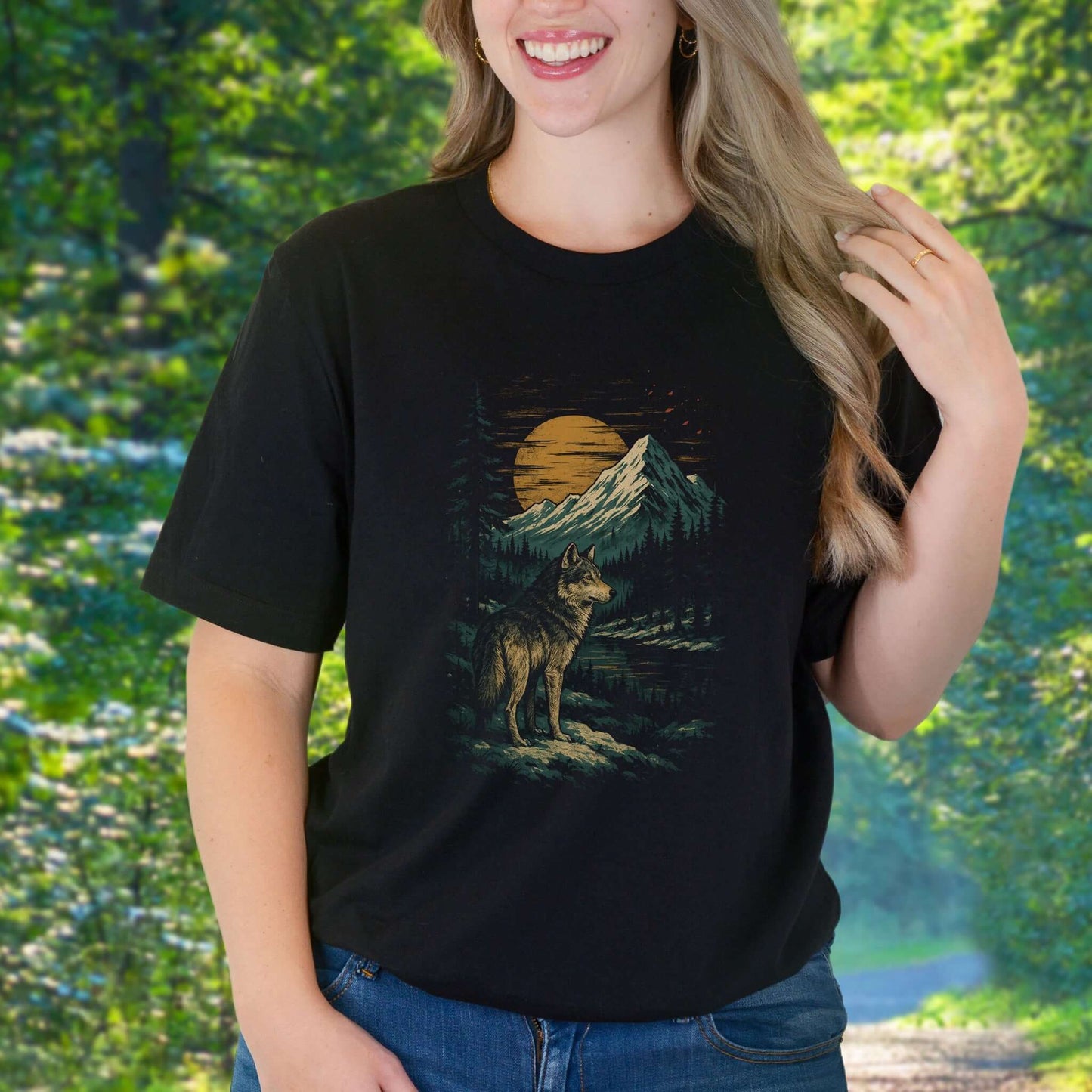 Spirit Wolf at Sunset T-Shirt – Japanese Style Mountain Landscape Tee
