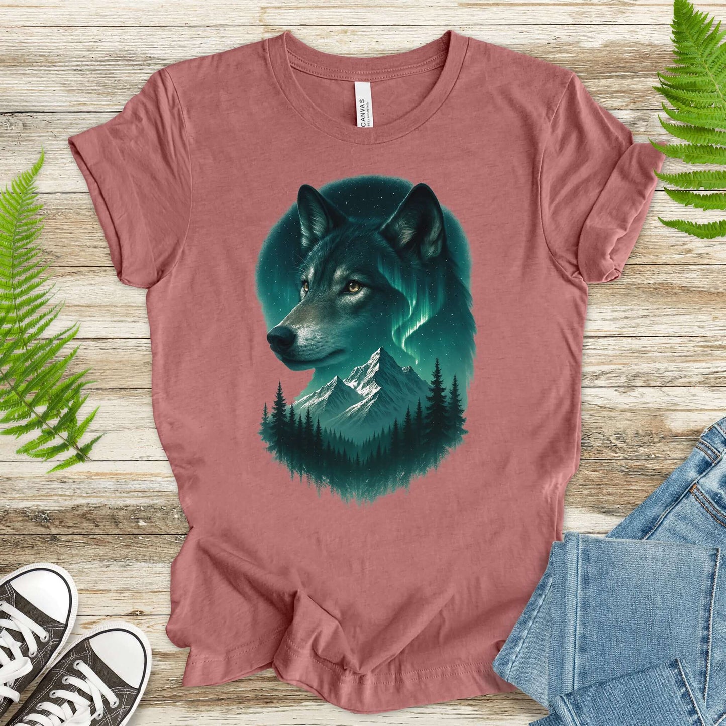 Wolf and Northern Lights T-Shirt – Spirit Animal in Night Forest & Mountain Scene