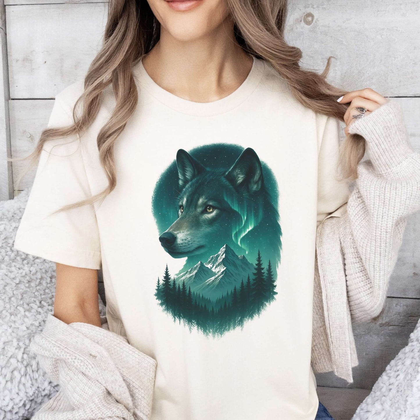 Wolf and Northern Lights T-Shirt – Spirit Animal in Night Forest & Mountain Scene