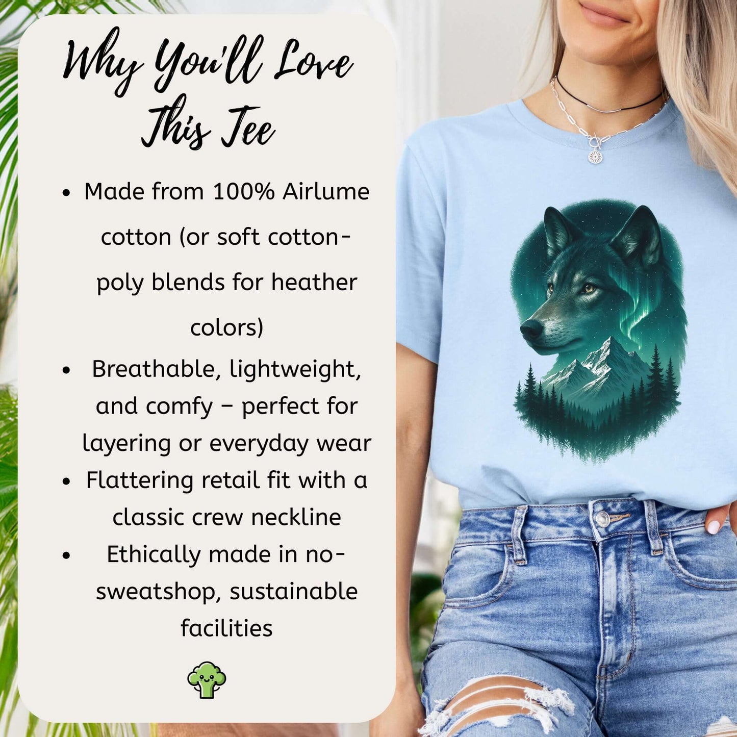 Wolf and Northern Lights T-Shirt – Spirit Animal in Night Forest & Mountain Scene