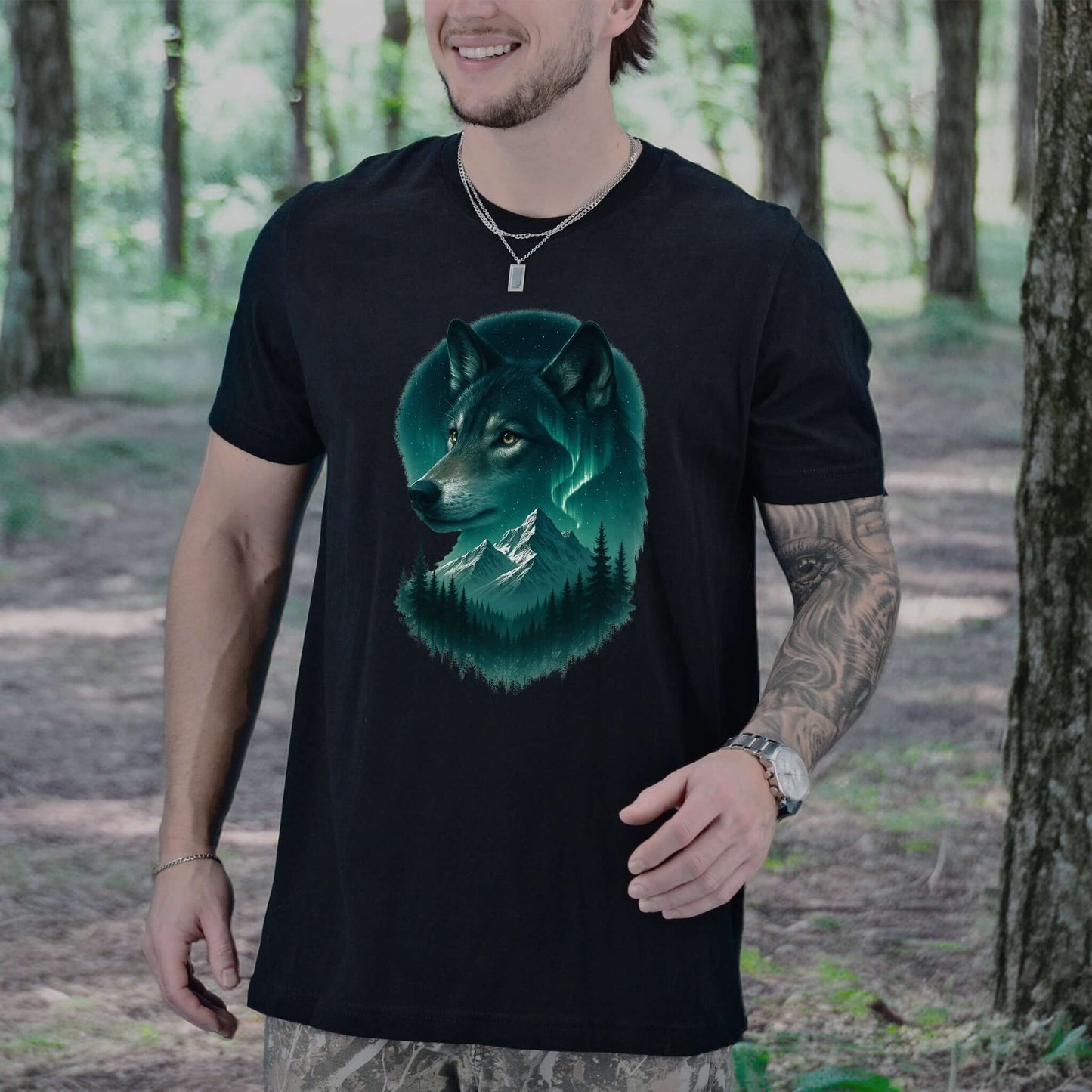 Wolf and Northern Lights T-Shirt – Spirit Animal in Night Forest & Mountain Scene