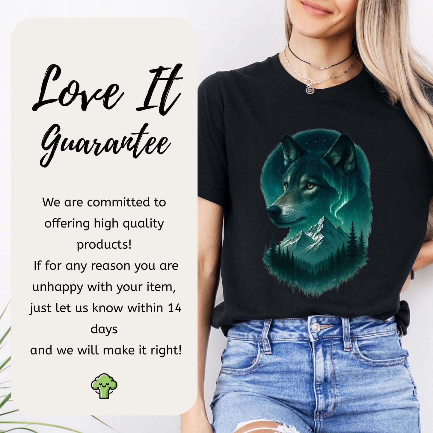 Wolf and Northern Lights T-Shirt – Spirit Animal in Night Forest & Mountain Scene