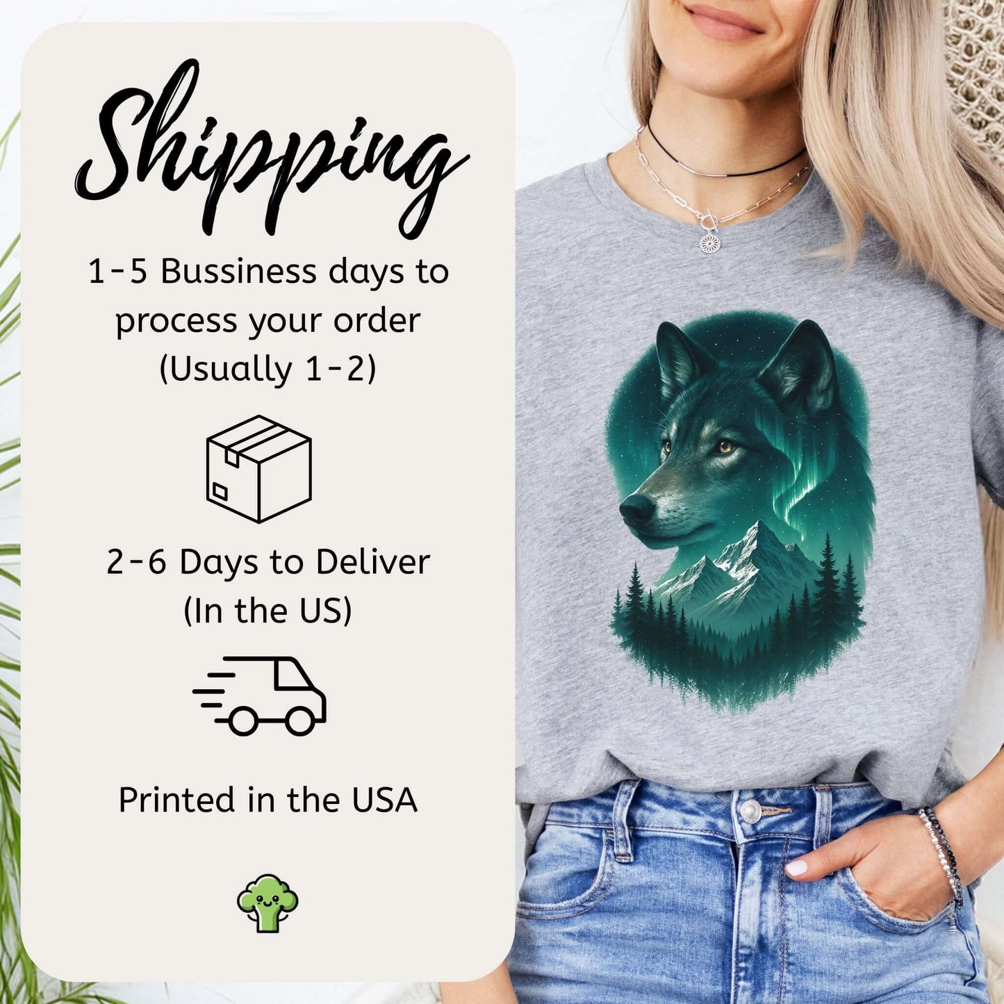 Wolf and Northern Lights T-Shirt – Spirit Animal in Night Forest & Mountain Scene