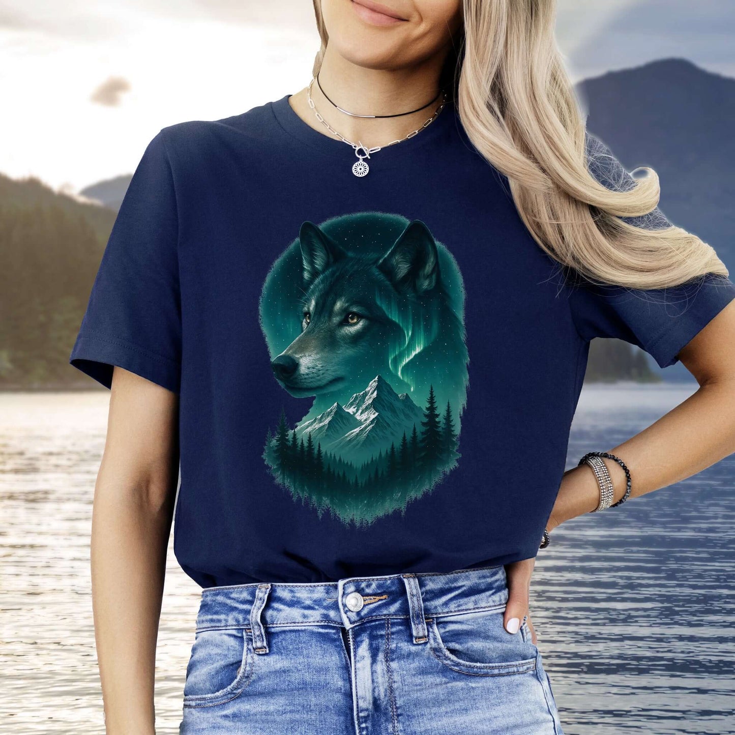 Wolf and Northern Lights T-Shirt – Spirit Animal in Night Forest & Mountain Scene