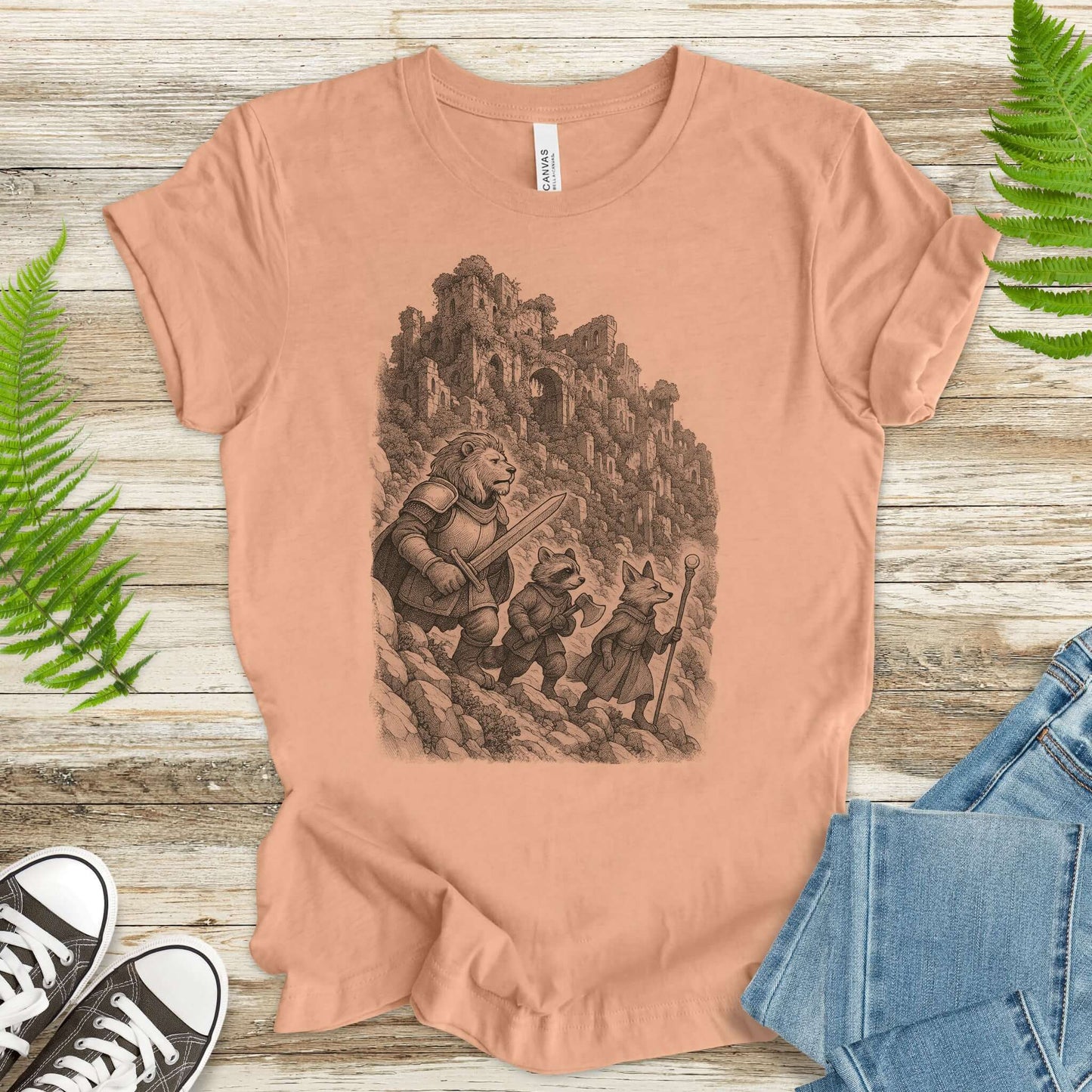 Animal Warrior Quest T-Shirt – Fantasy Lion, Raccoon & Fox Adventure Tee