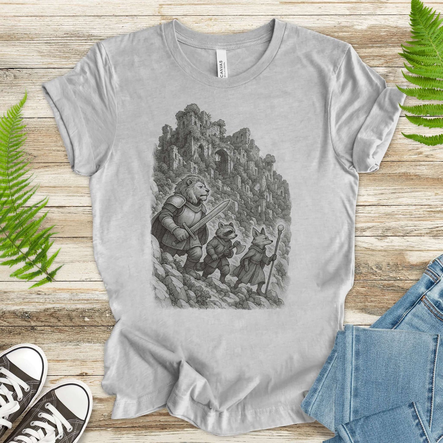 Animal Warrior Quest T-Shirt – Fantasy Lion, Raccoon & Fox Adventure Tee