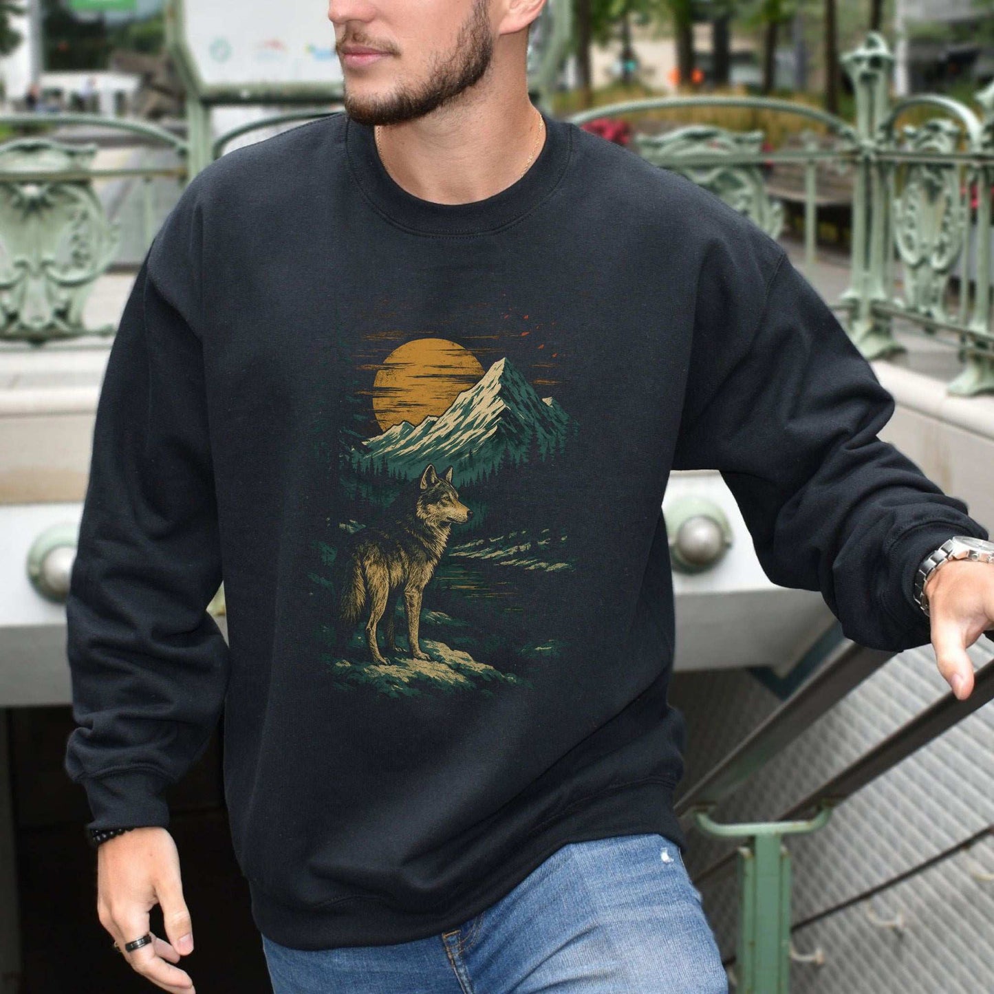 Spirit Wolf at Sunset Sweatshirt – Japanese Style Mountain Landscape