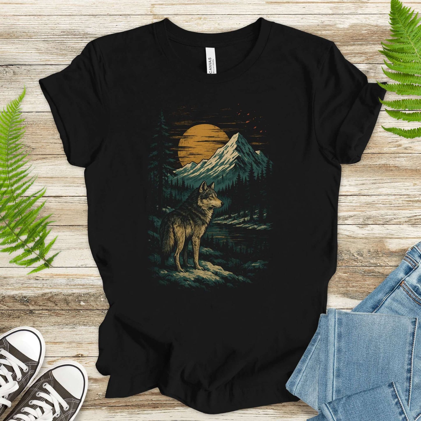 Spirit Wolf at Sunset T-Shirt – Japanese Style Mountain Landscape Tee