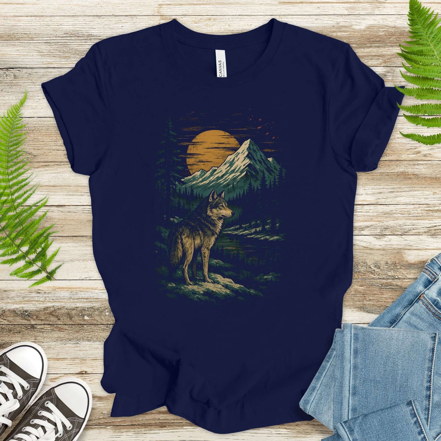 Spirit Wolf at Sunset T-Shirt – Japanese Style Mountain Landscape Tee