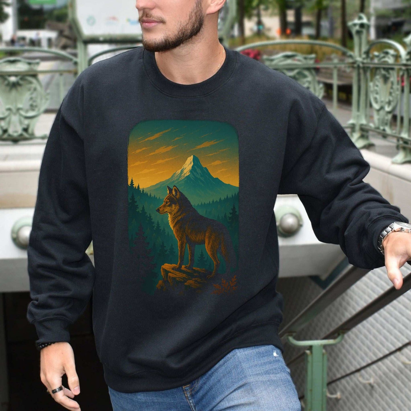 Wolf on Cliff Sweatshirt – Majestic Forest & Mountain Spirit Animal