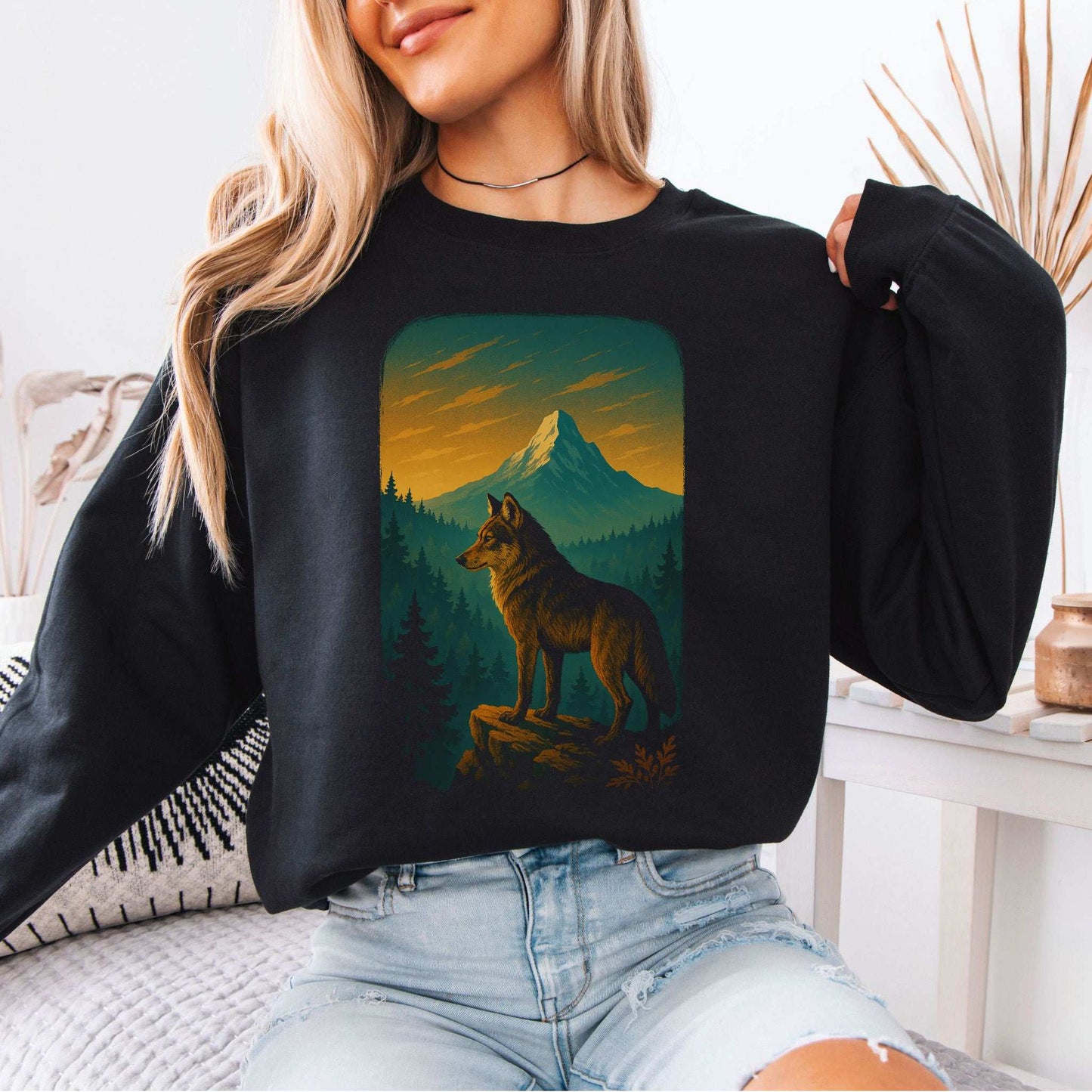 Wolf on Cliff Sweatshirt – Majestic Forest & Mountain Spirit Animal