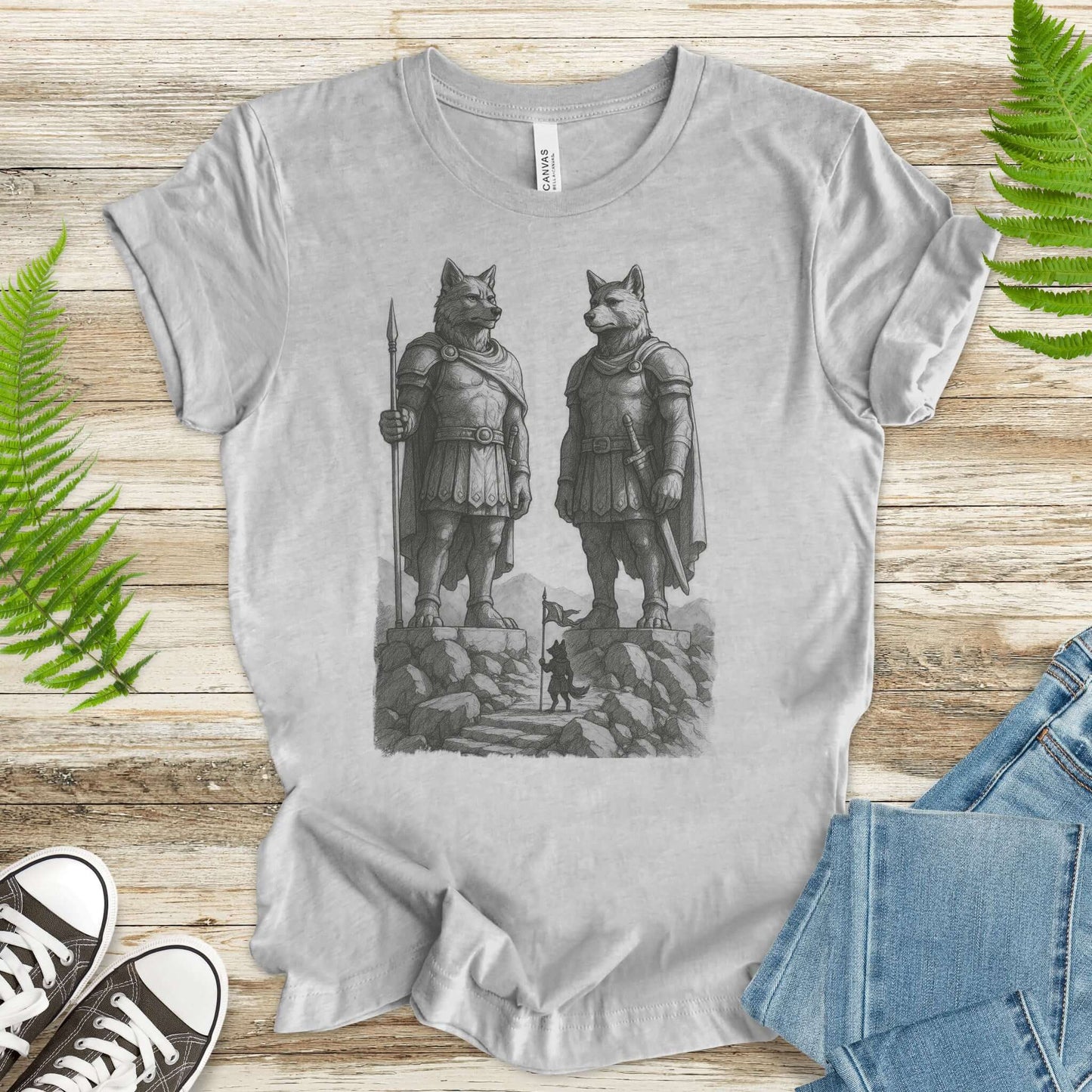 Wolf Guardian Statues T-Shirt – Viking Spirit Animal Fantasy Tee