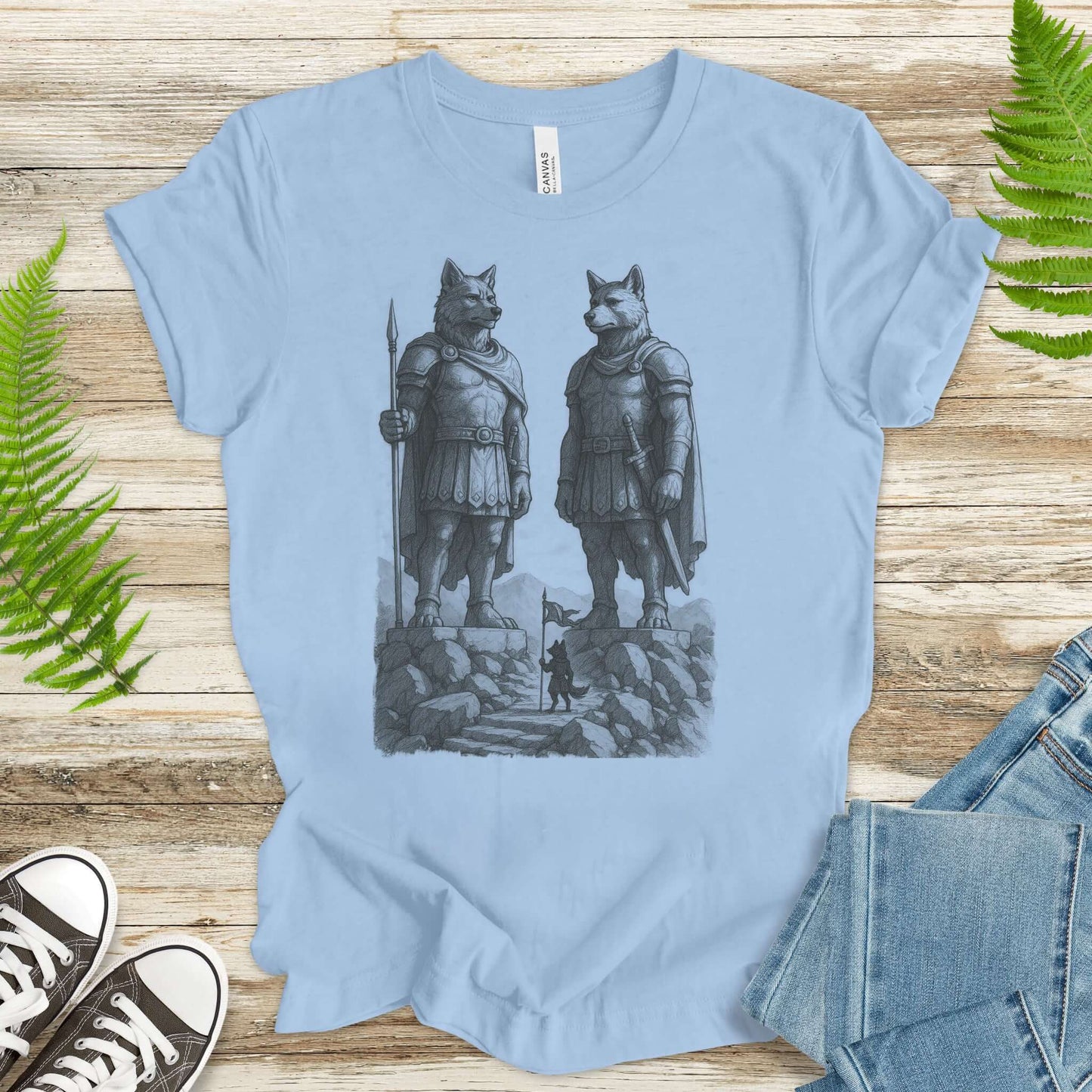 Wolf Guardian Statues T-Shirt – Viking Spirit Animal Fantasy Tee