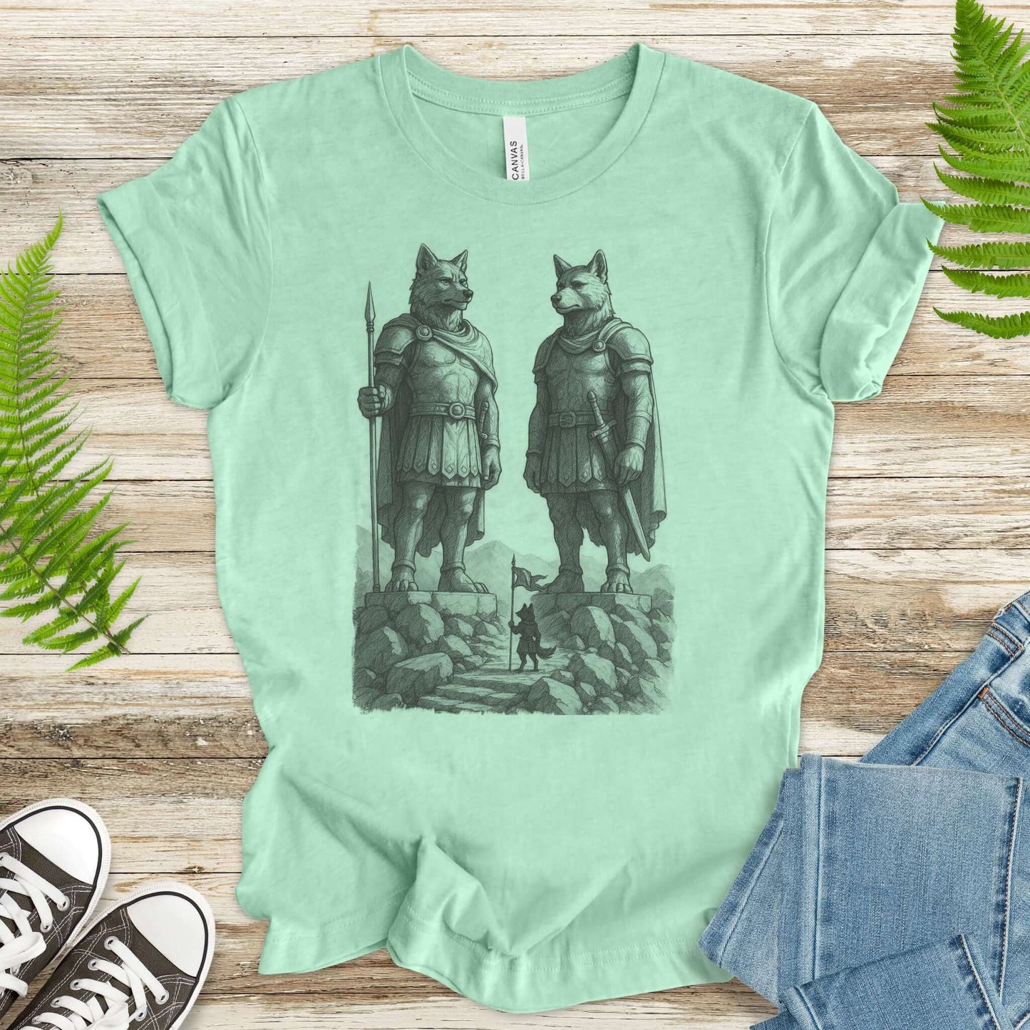 Wolf Guardian Statues T-Shirt – Viking Spirit Animal Fantasy Tee