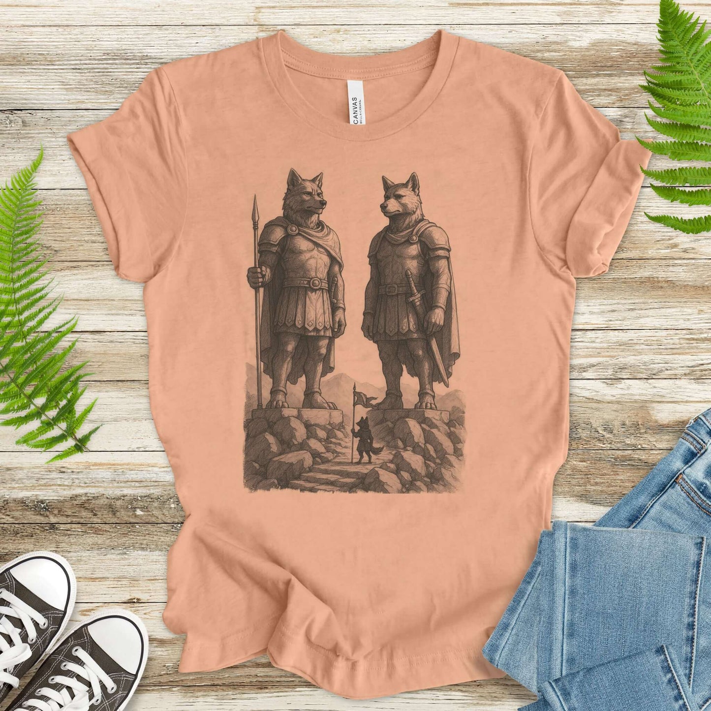 Wolf Guardian Statues T-Shirt – Viking Spirit Animal Fantasy Tee