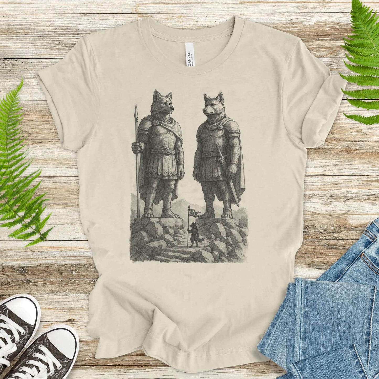 Wolf Guardian Statues T-Shirt – Viking Spirit Animal Fantasy Tee