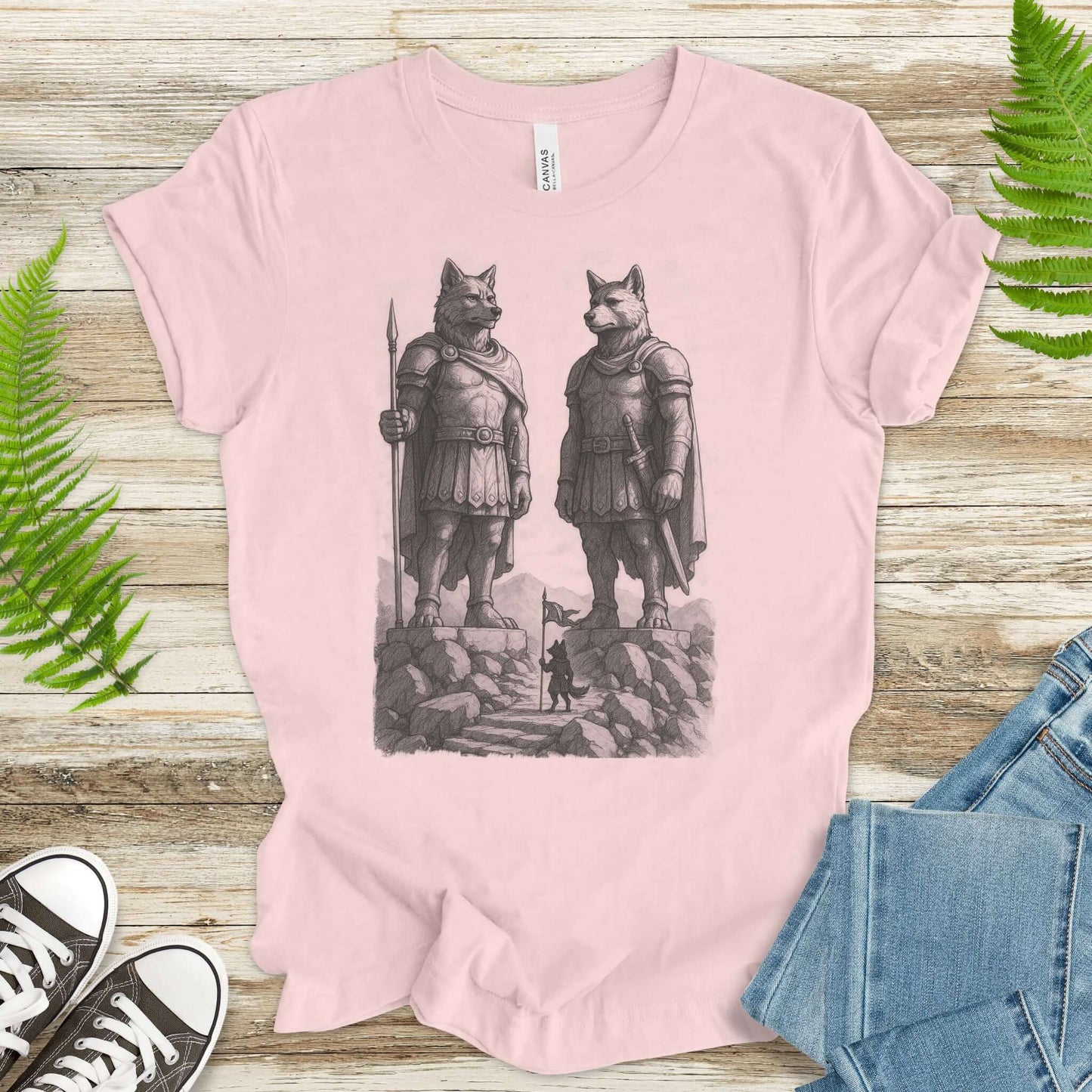 Wolf Guardian Statues T-Shirt – Viking Spirit Animal Fantasy Tee