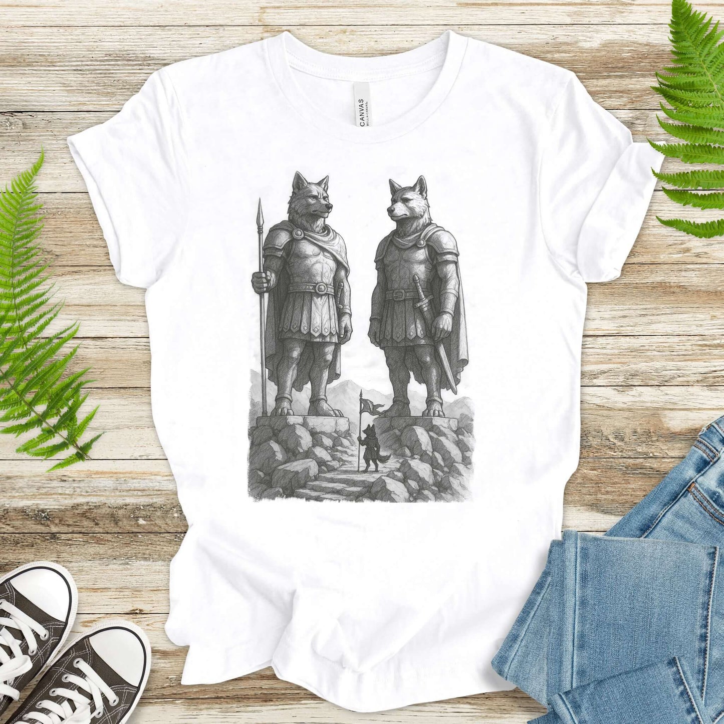 Wolf Guardian Statues T-Shirt – Viking Spirit Animal Fantasy Tee
