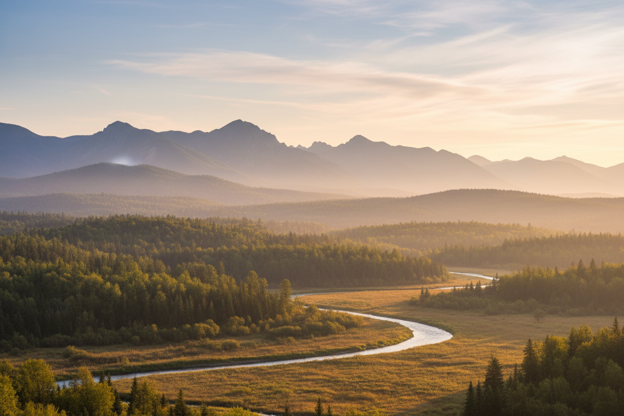 A wide, realistic landscape photograph of an open natural view at sunrise, with forested hills and distant mountains fading into soft morning mist. Calm, natural lighting, earthy green and neutral tones