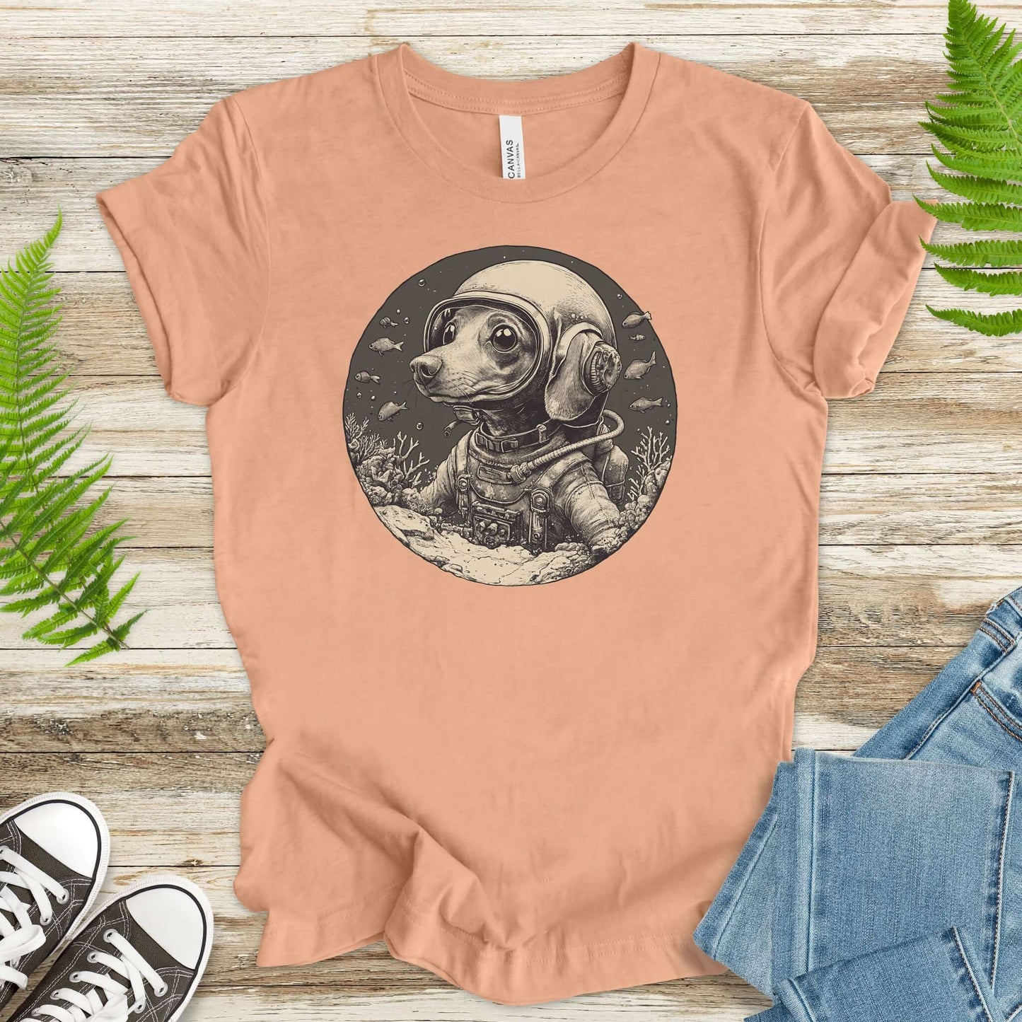 Retro Diving Dog Coral Reef T-Shirt