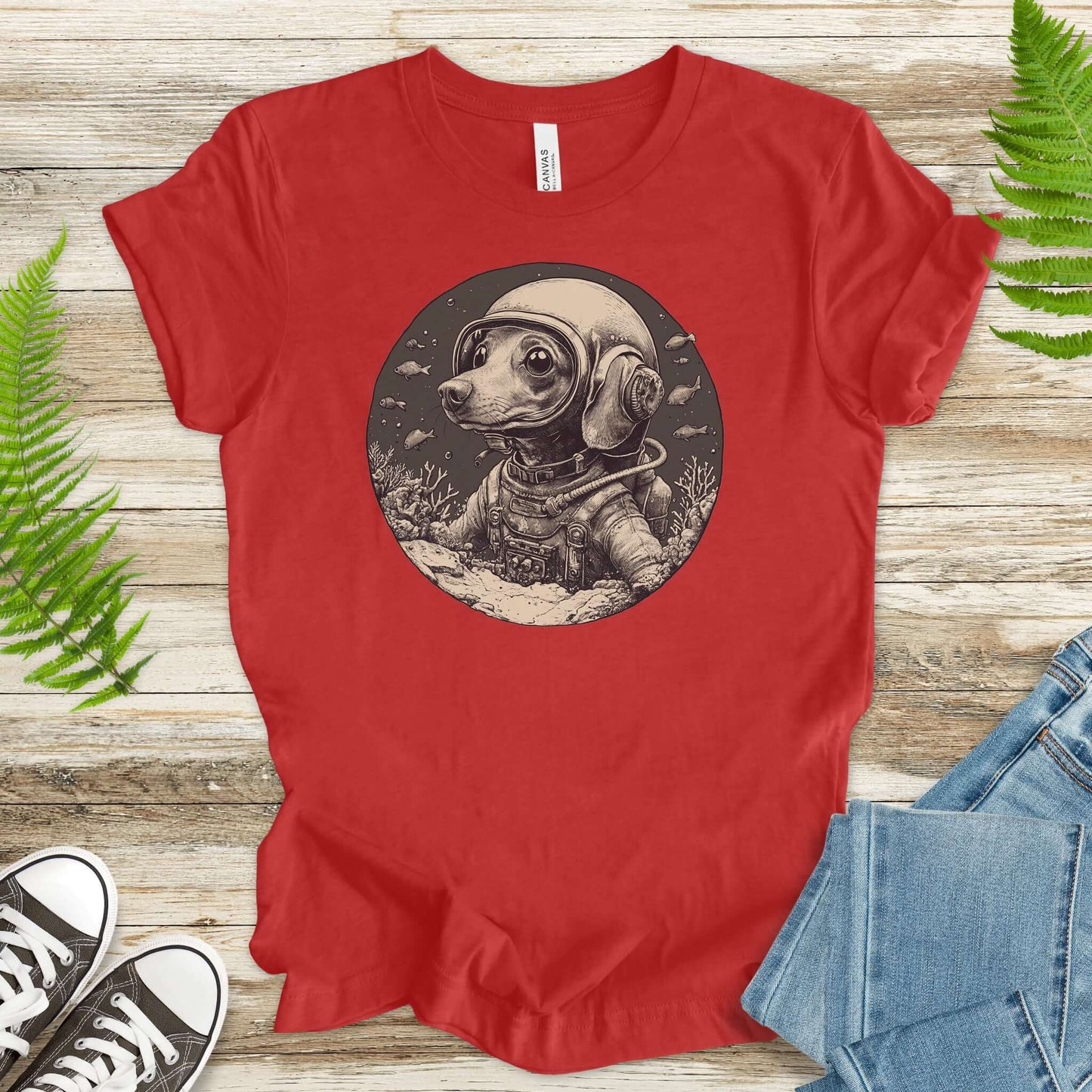 Retro Diving Dog Coral Reef T-Shirt