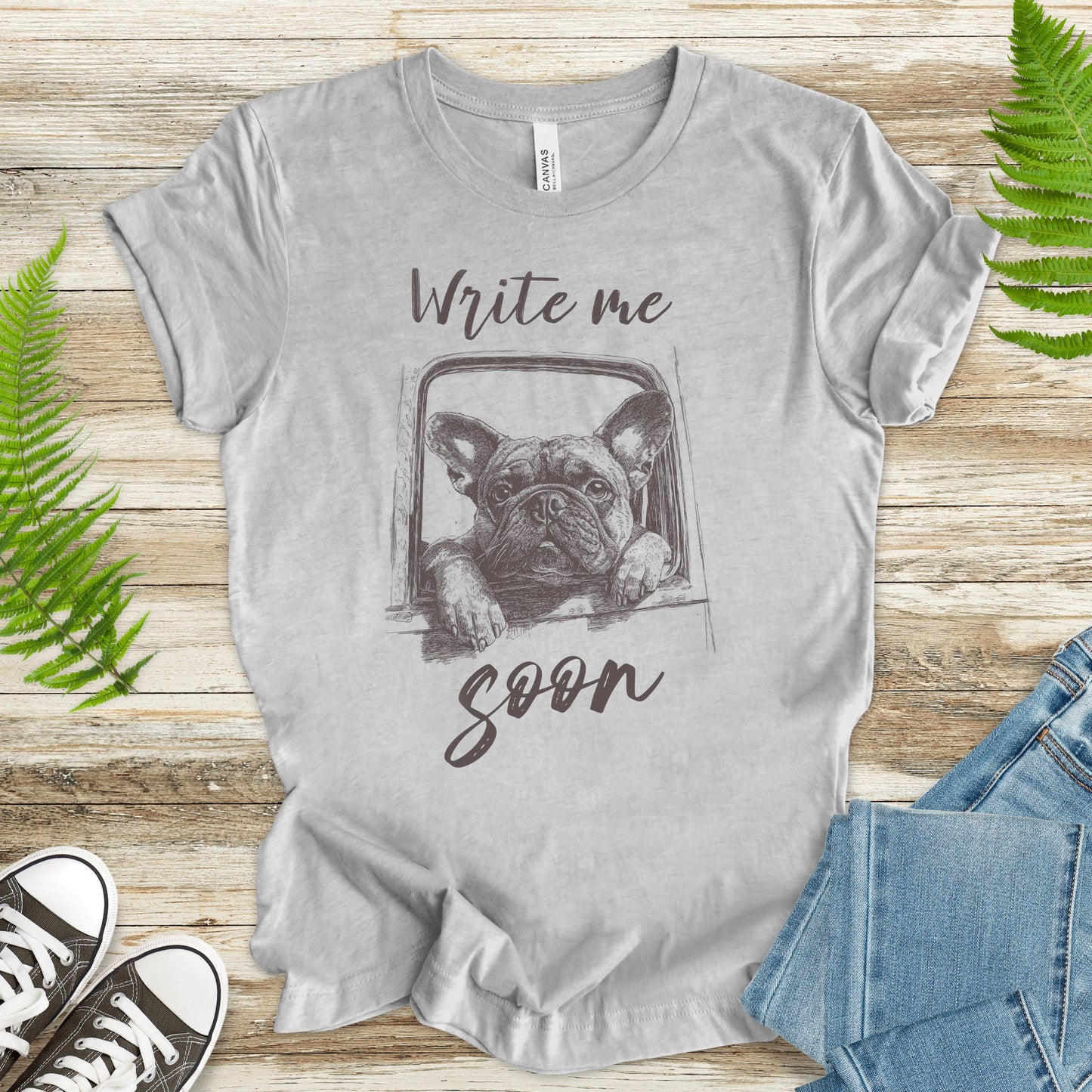 Bulldog Window Gaze T-Shirt – “Write Me Soon” Dog Lover Tee