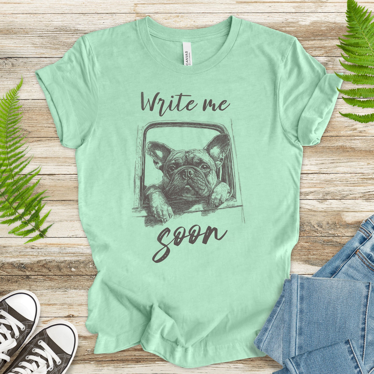Bulldog Window Gaze T-Shirt – “Write Me Soon” Dog Lover Tee