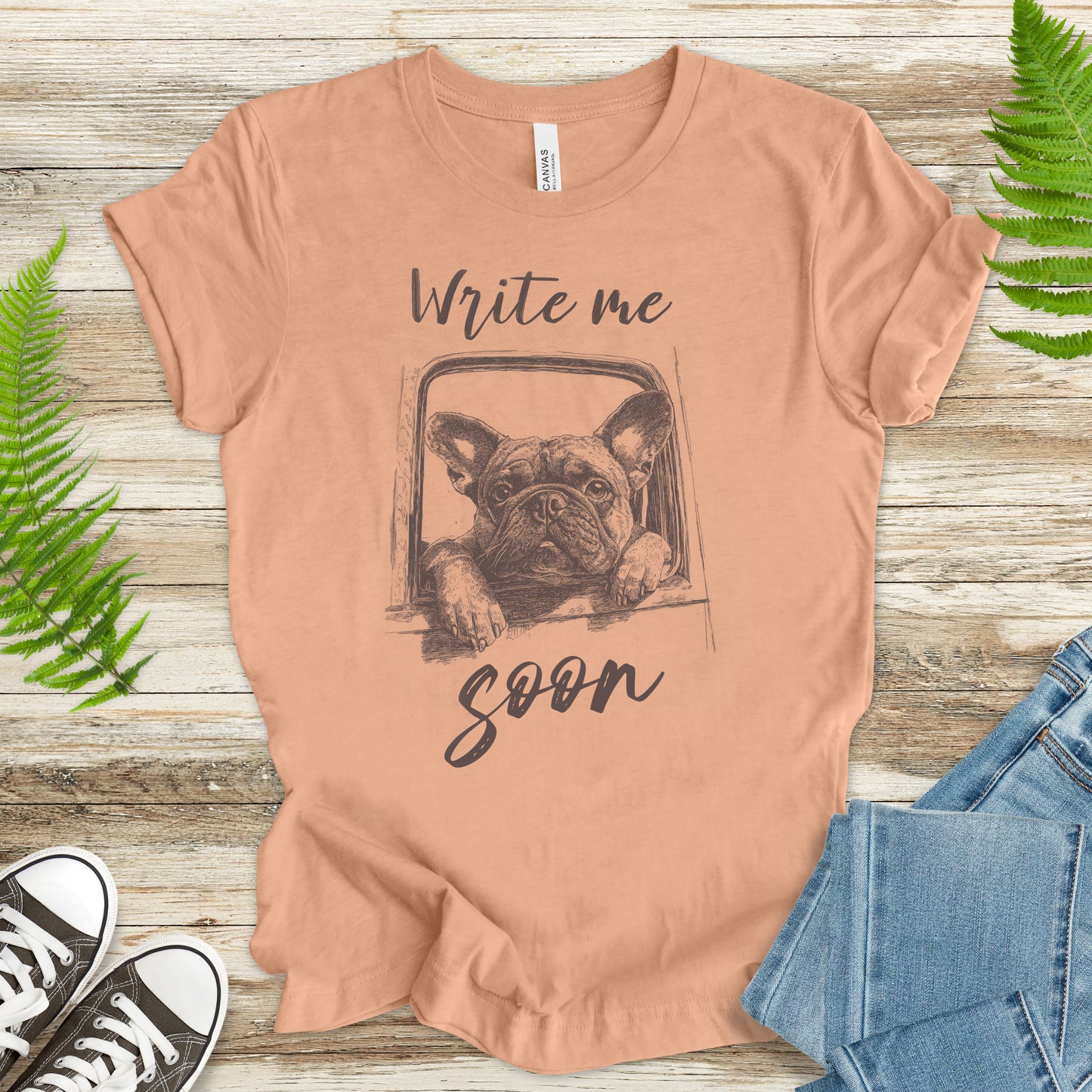 Bulldog Window Gaze T-Shirt – “Write Me Soon” Dog Lover Tee