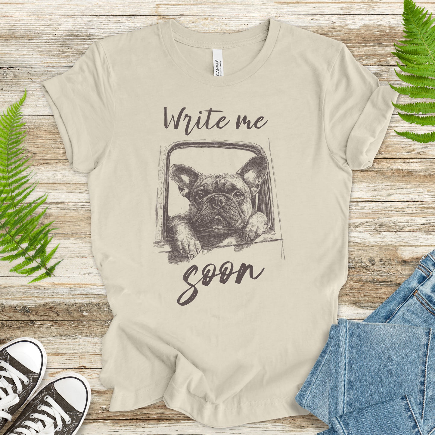 Bulldog Window Gaze T-Shirt – “Write Me Soon” Dog Lover Tee