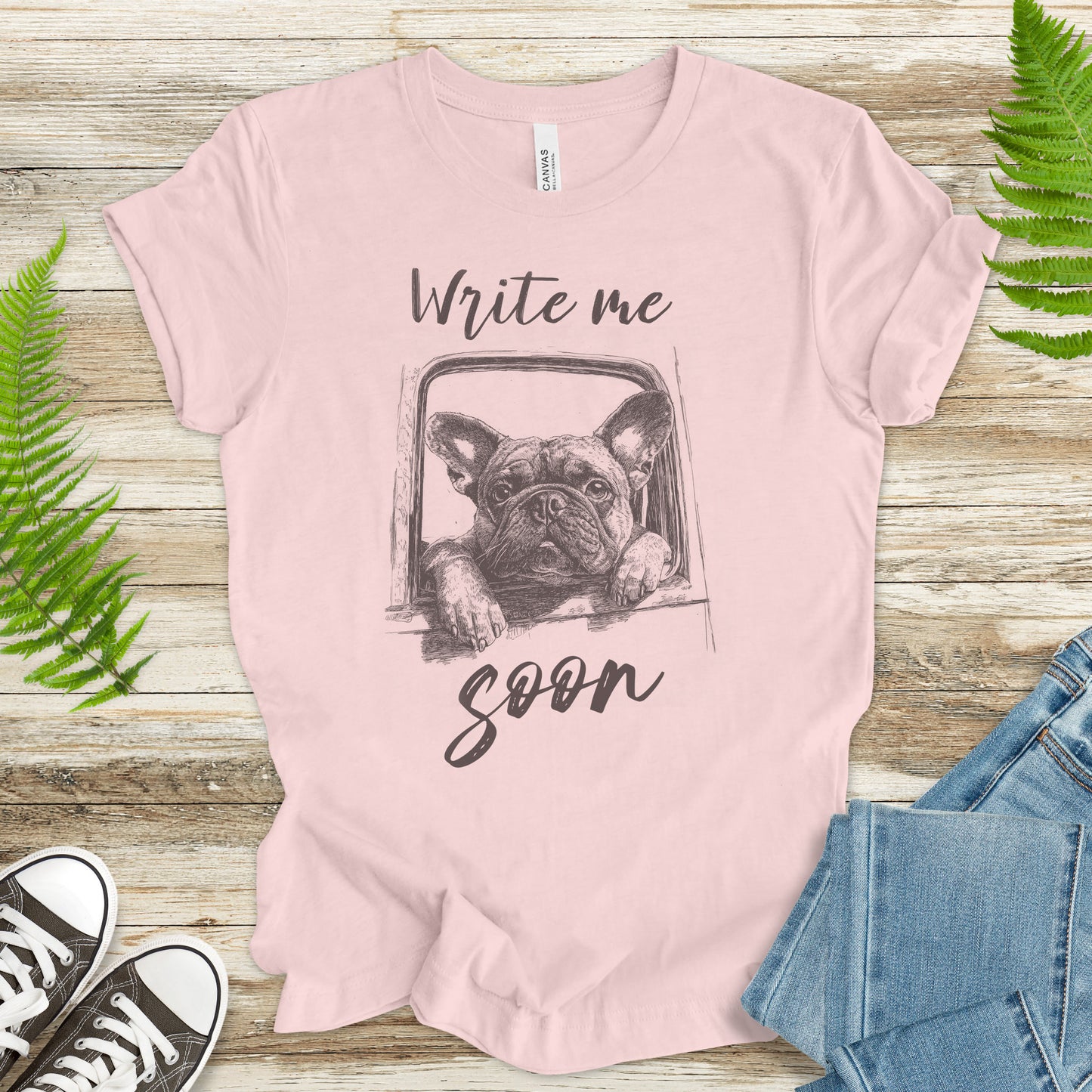 Bulldog Window Gaze T-Shirt – “Write Me Soon” Dog Lover Tee