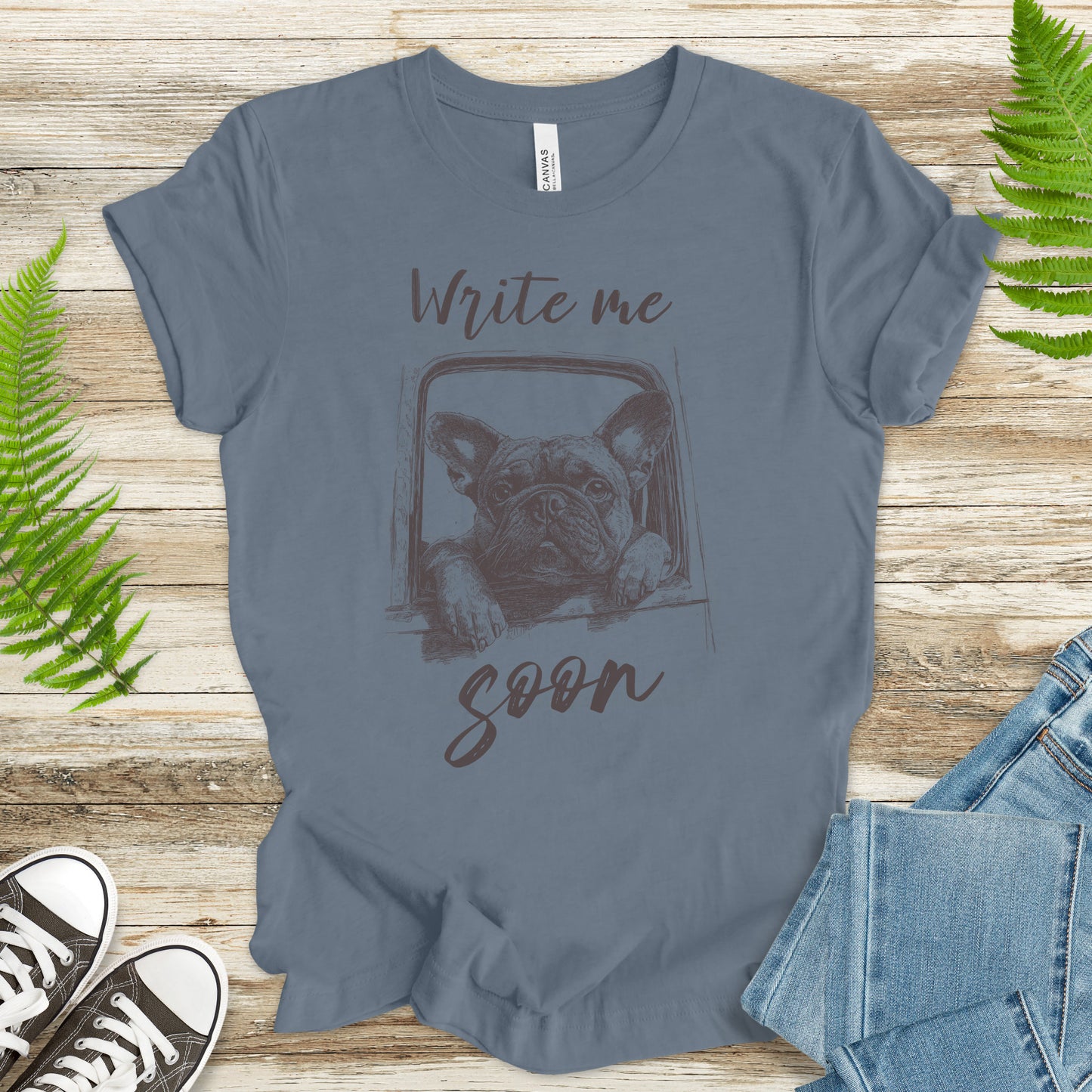 Bulldog Window Gaze T-Shirt – “Write Me Soon” Dog Lover Tee