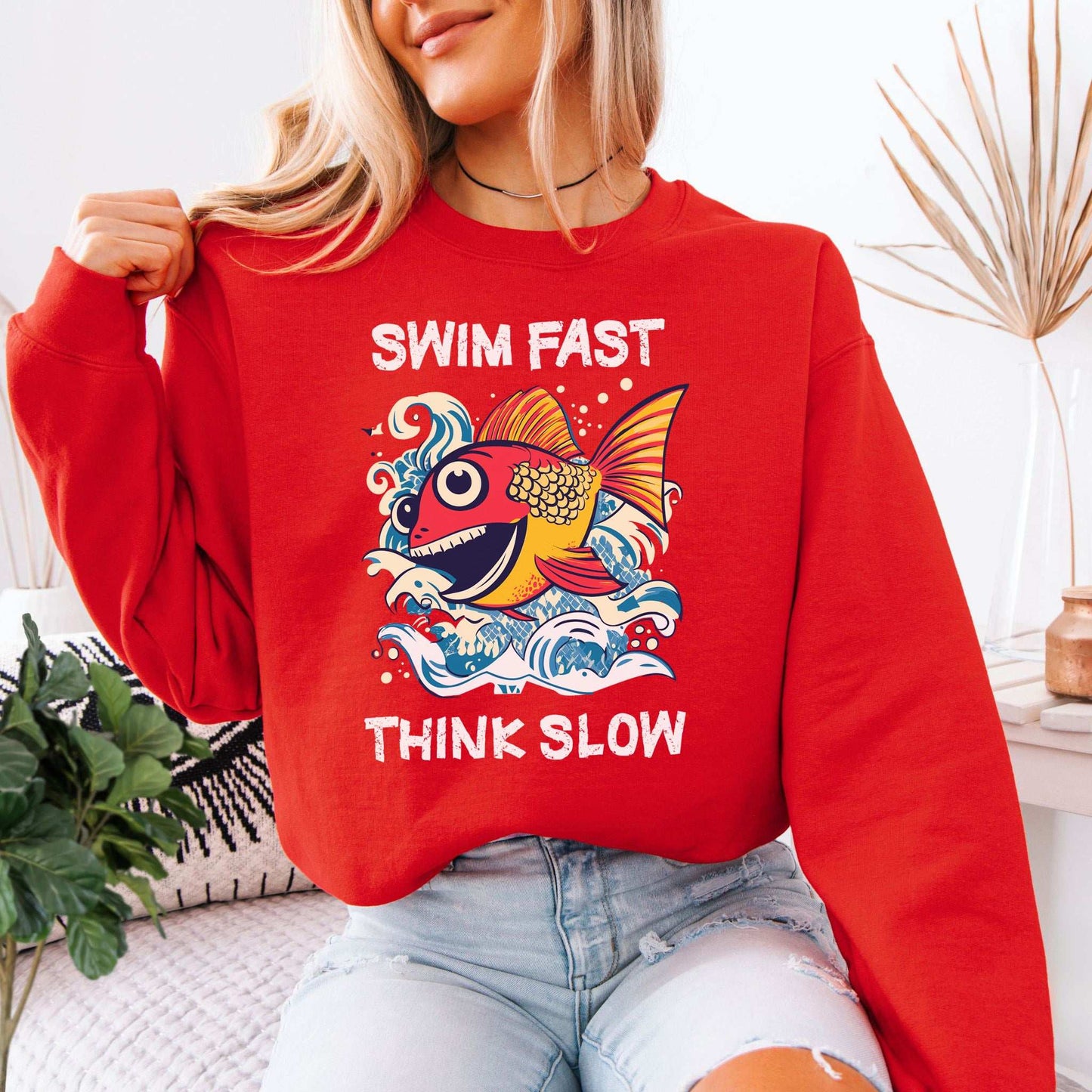 Swim Fast, Think Slow Sweatshirt – Aquatic Humor in Cozy Style