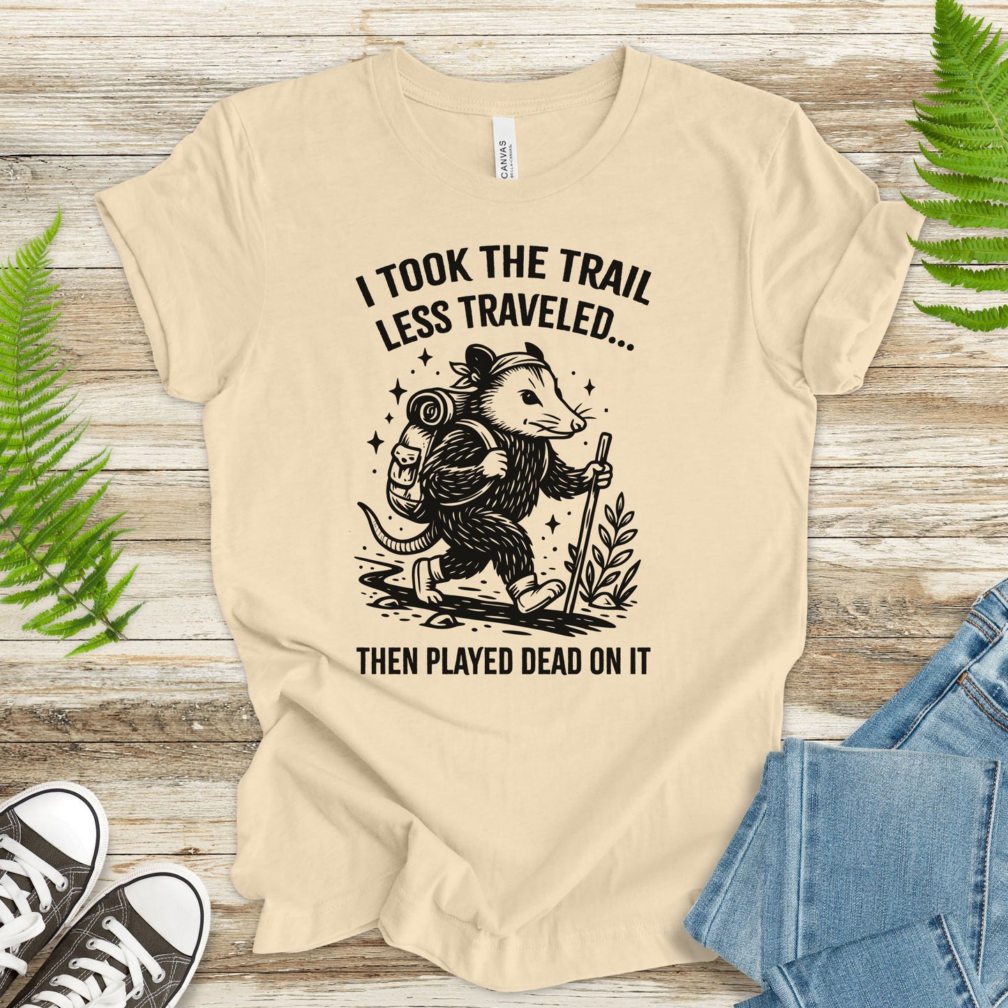 Opossum Less Traveled T-Shirt – Funny Hiking Possum Adventure Tee