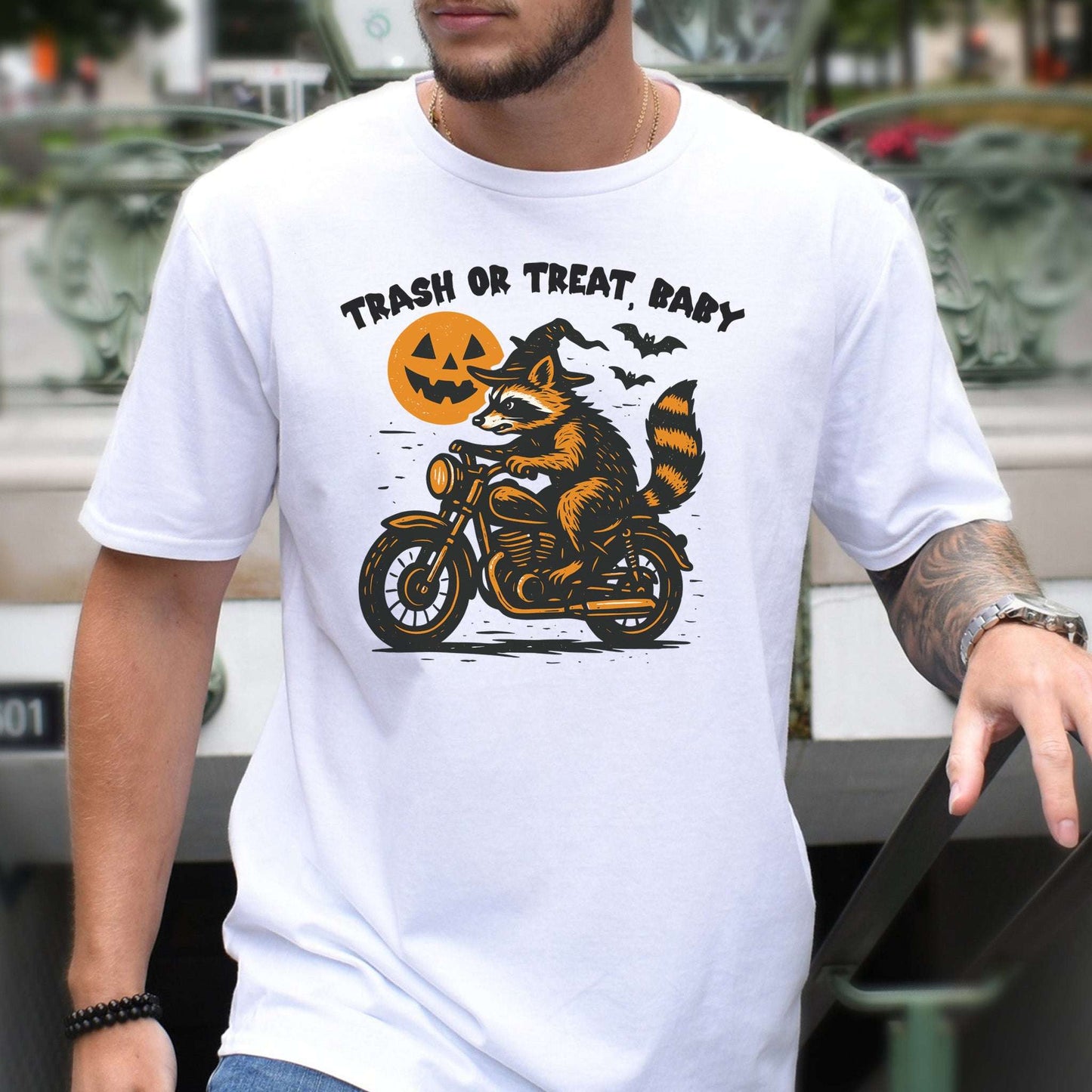 Trash or Treat Raccoon Halloween T-Shirt – Biker Witch Retro Ride Tee