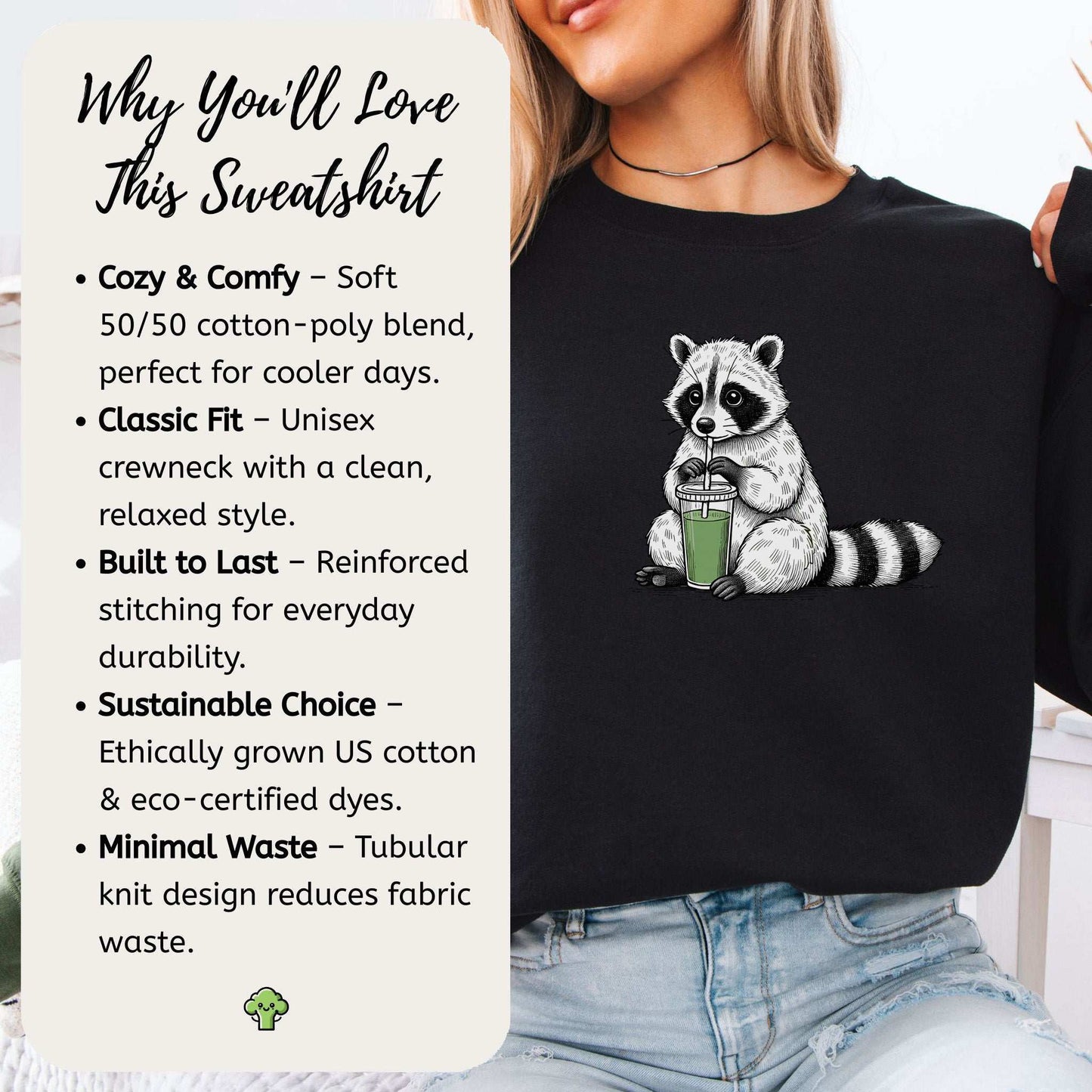 Green Smoothie Raccoon Sweatshirt – Funny Vegan Gift for Plant-Based Souls