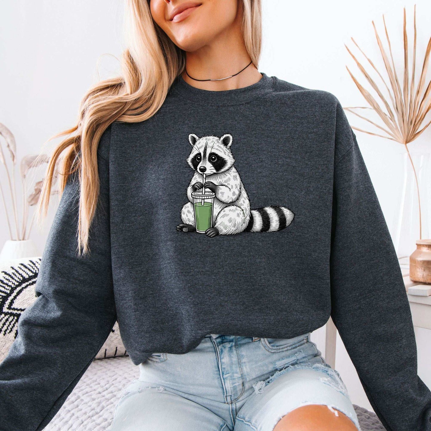 Green Smoothie Raccoon Sweatshirt – Funny Vegan Gift for Plant-Based Souls