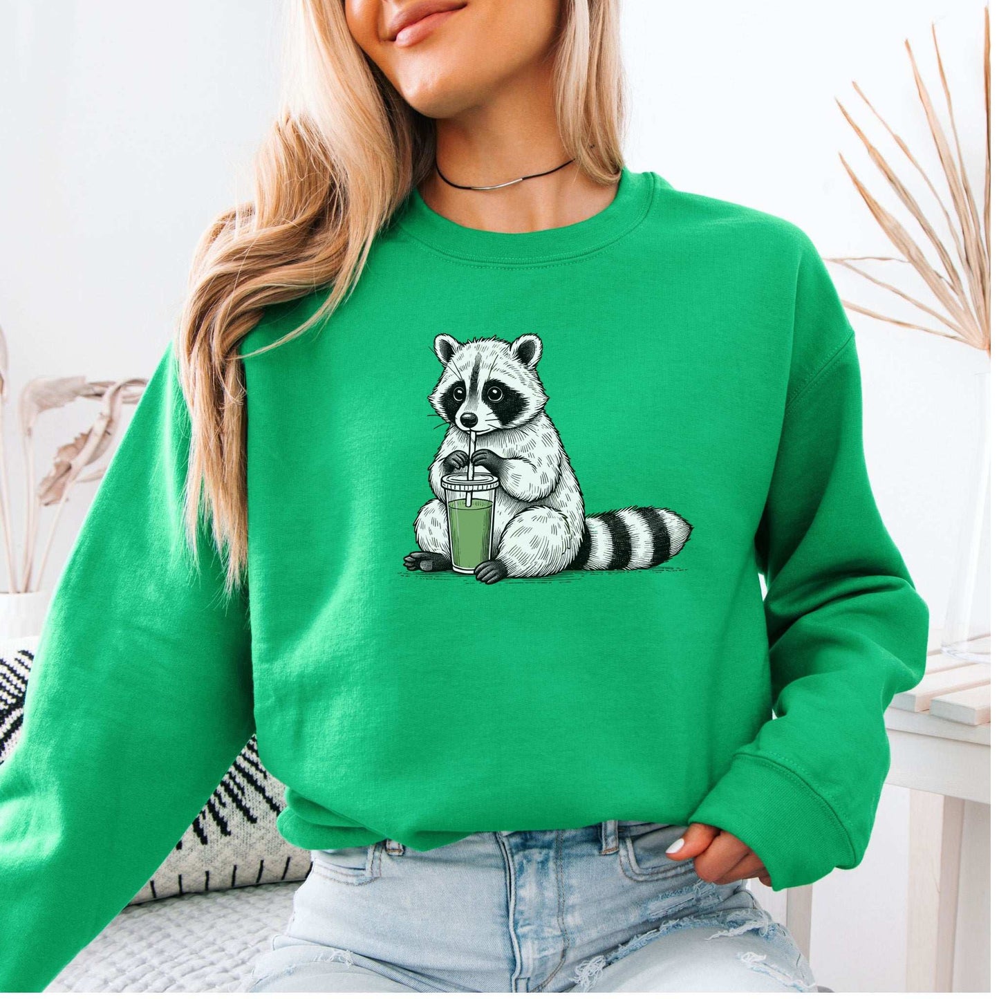 Green Smoothie Raccoon Sweatshirt – Funny Vegan Gift for Plant-Based Souls