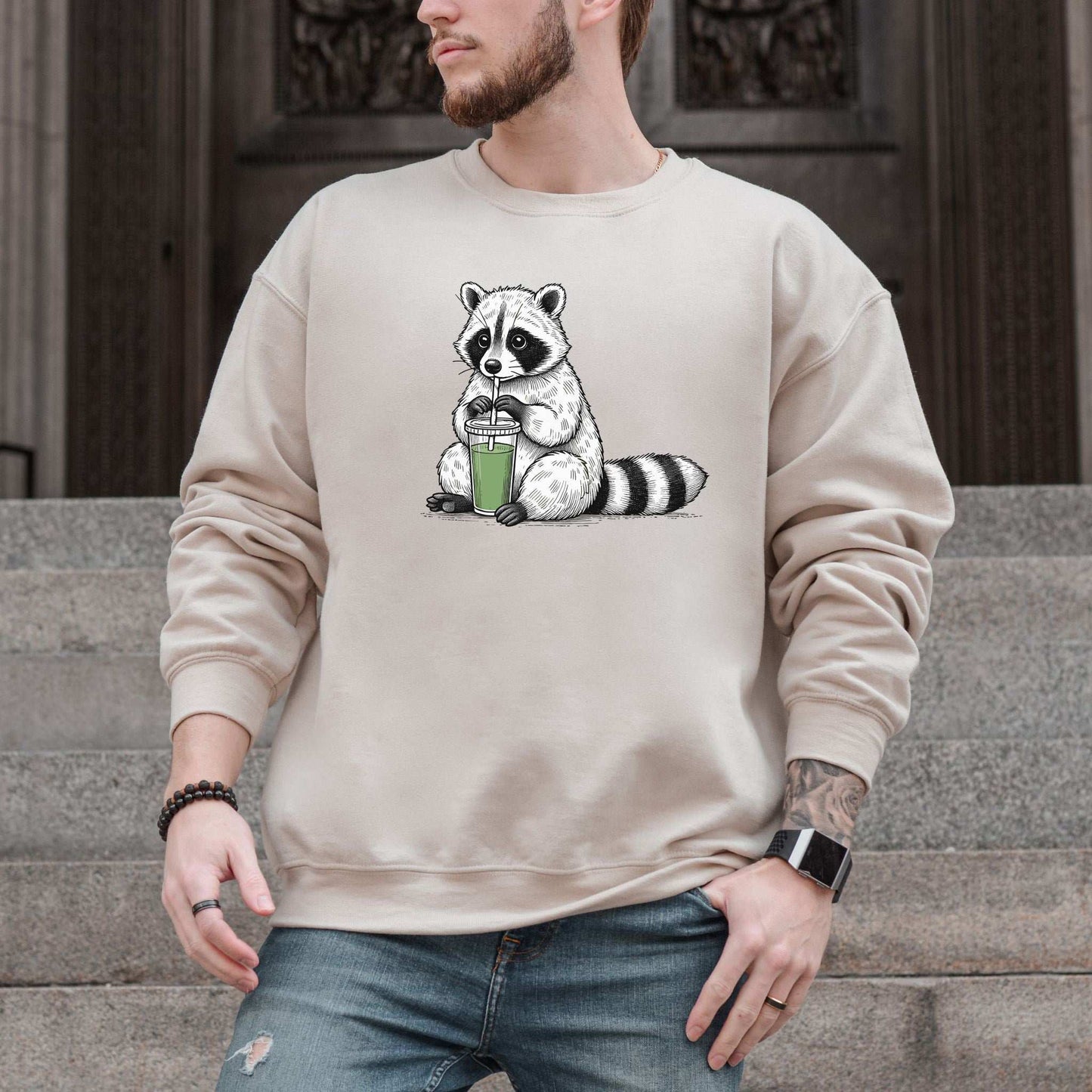 Green Smoothie Raccoon Sweatshirt – Funny Vegan Gift for Plant-Based Souls