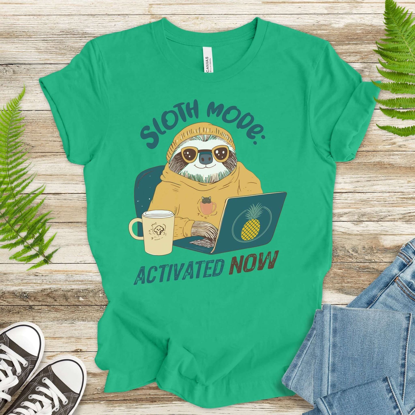 Funny Sloth Geek T-Shirt – "Sloth Mode Activated Now" Laptop Design