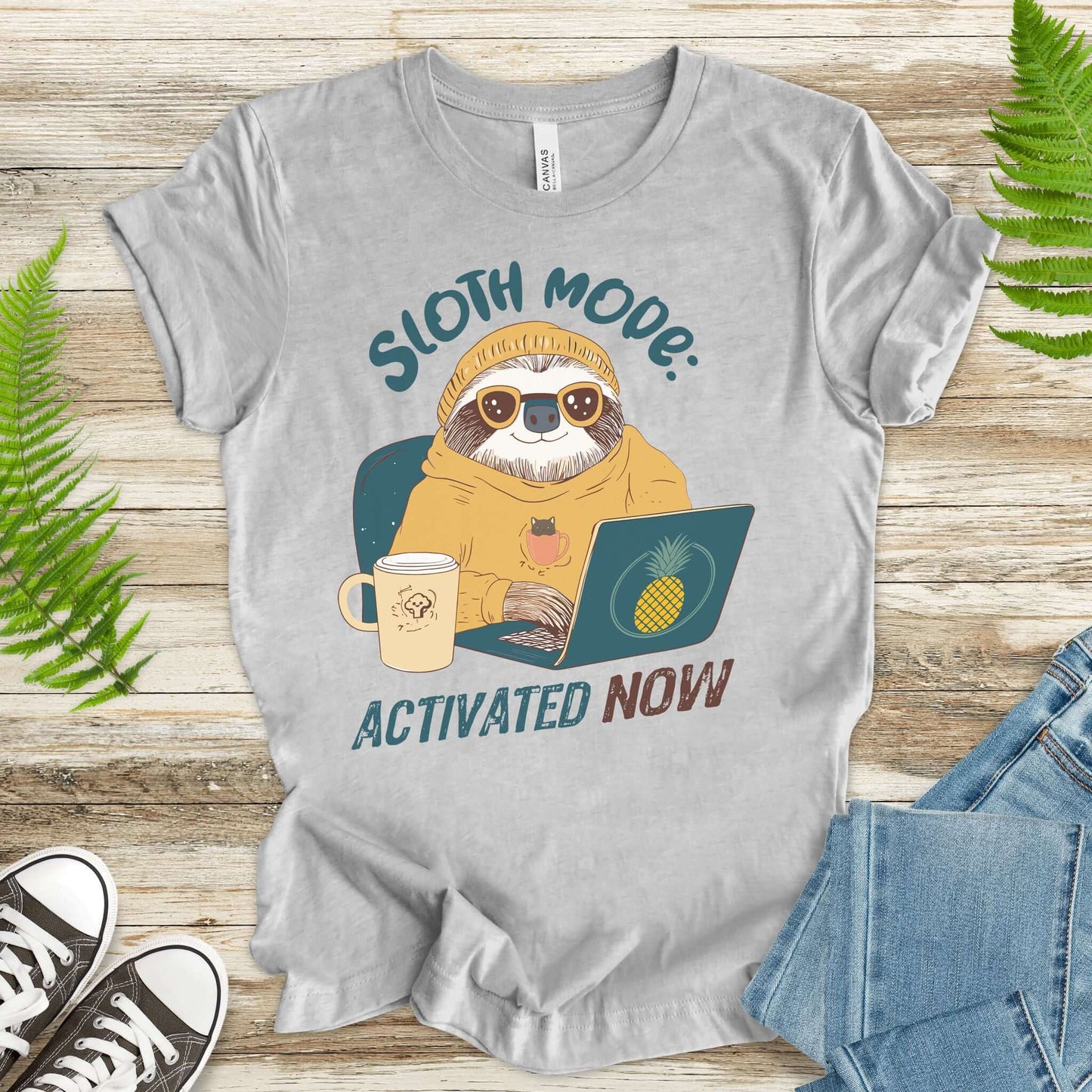 Funny Sloth Geek T-Shirt – "Sloth Mode Activated Now" Laptop Design