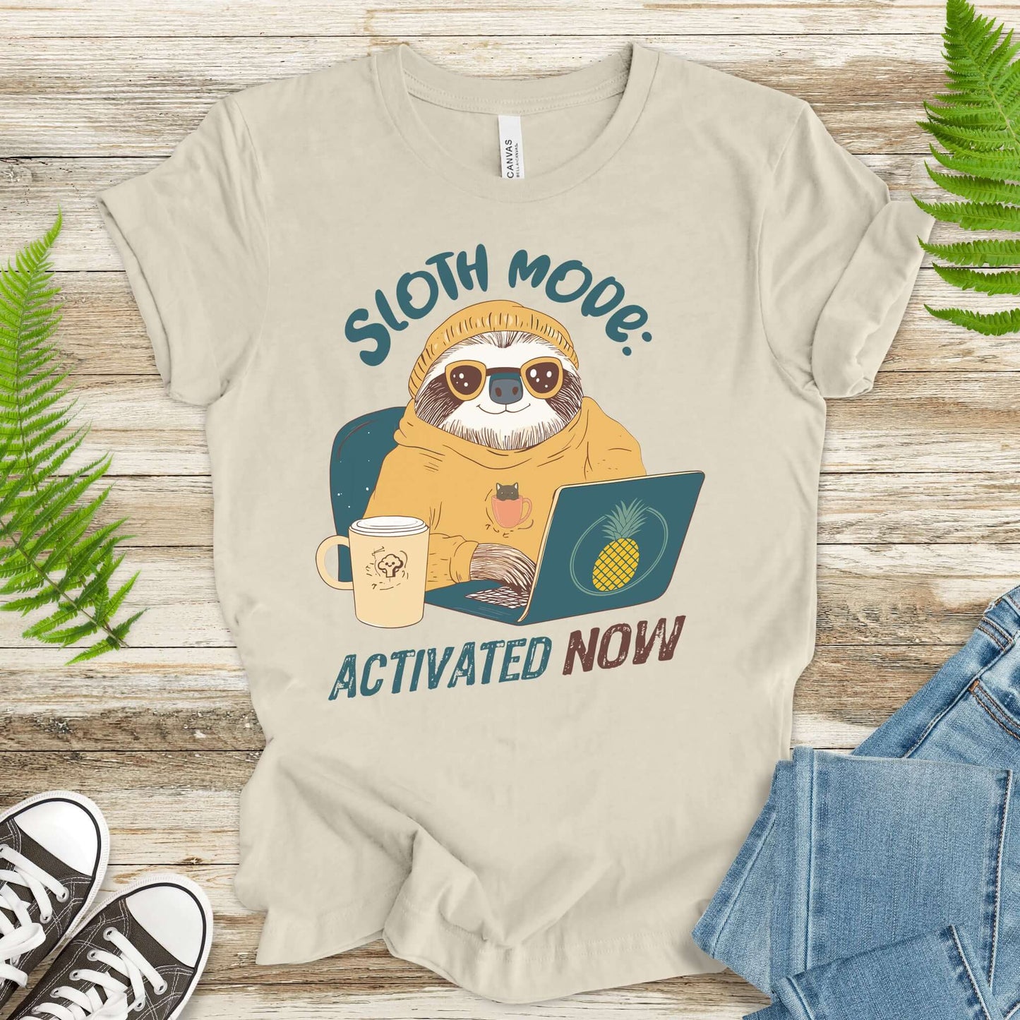 Funny Sloth Geek T-Shirt – "Sloth Mode Activated Now" Laptop Design