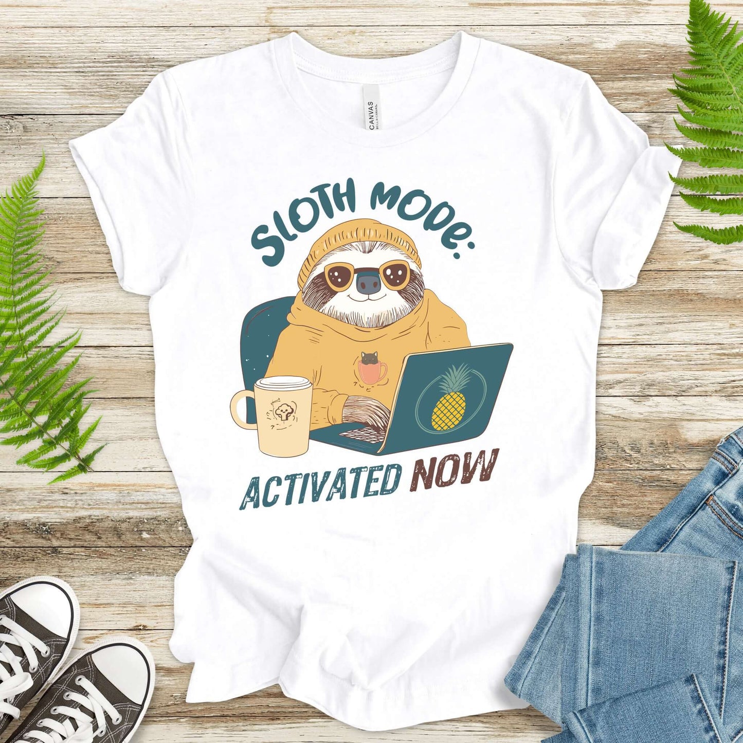 Funny Sloth Geek T-Shirt – "Sloth Mode Activated Now" Laptop Design