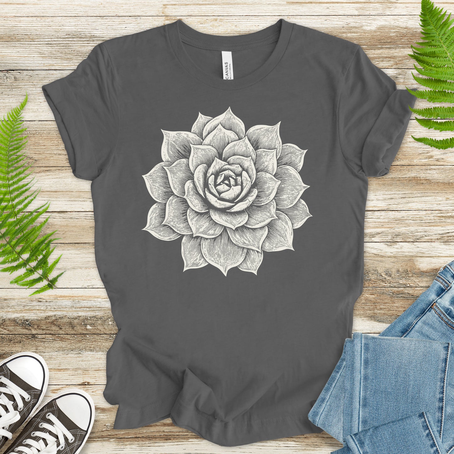 White Succulent Sketch T-Shirt – Vintage Botanical Garden Lover Tee