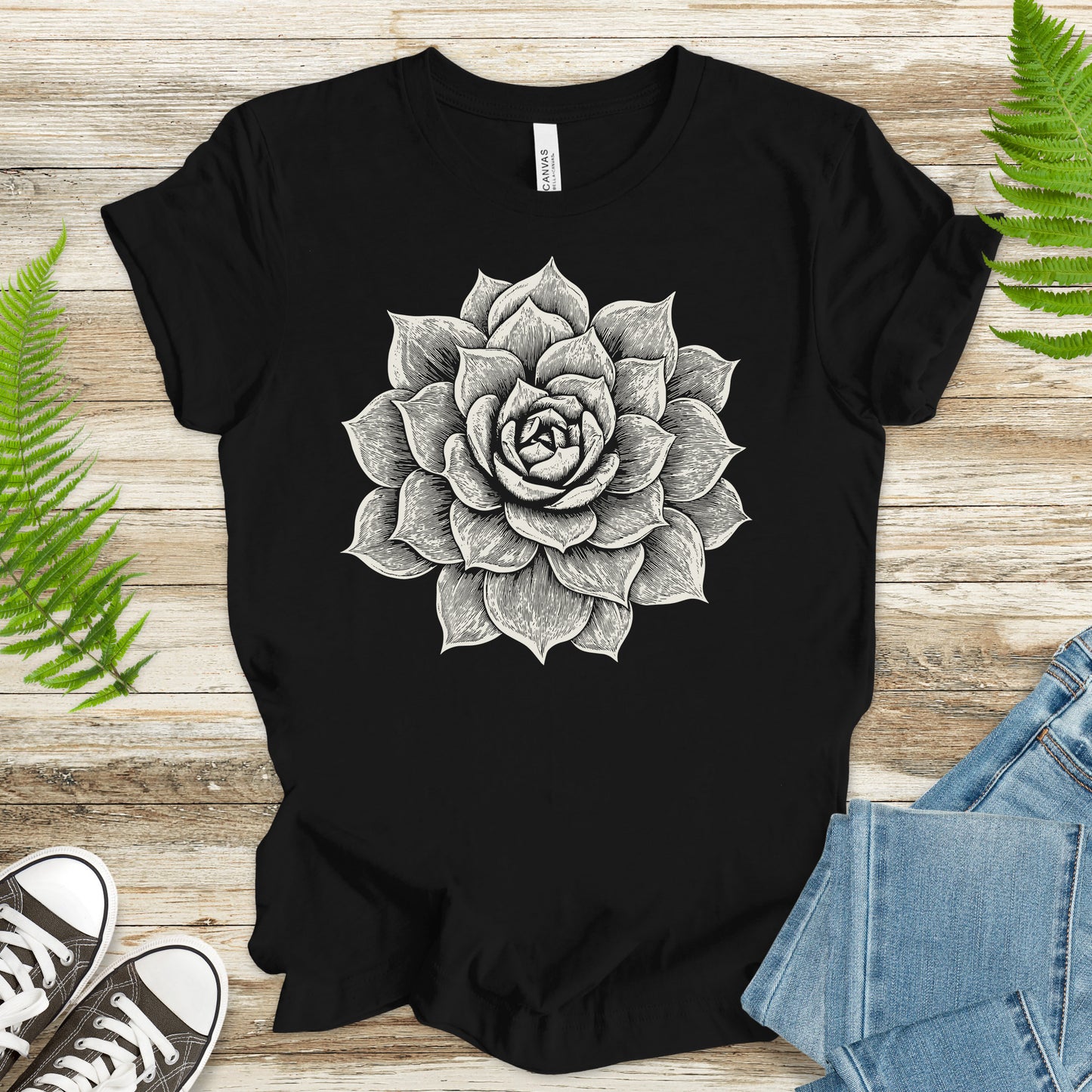 White Succulent Sketch T-Shirt – Vintage Botanical Garden Lover Tee
