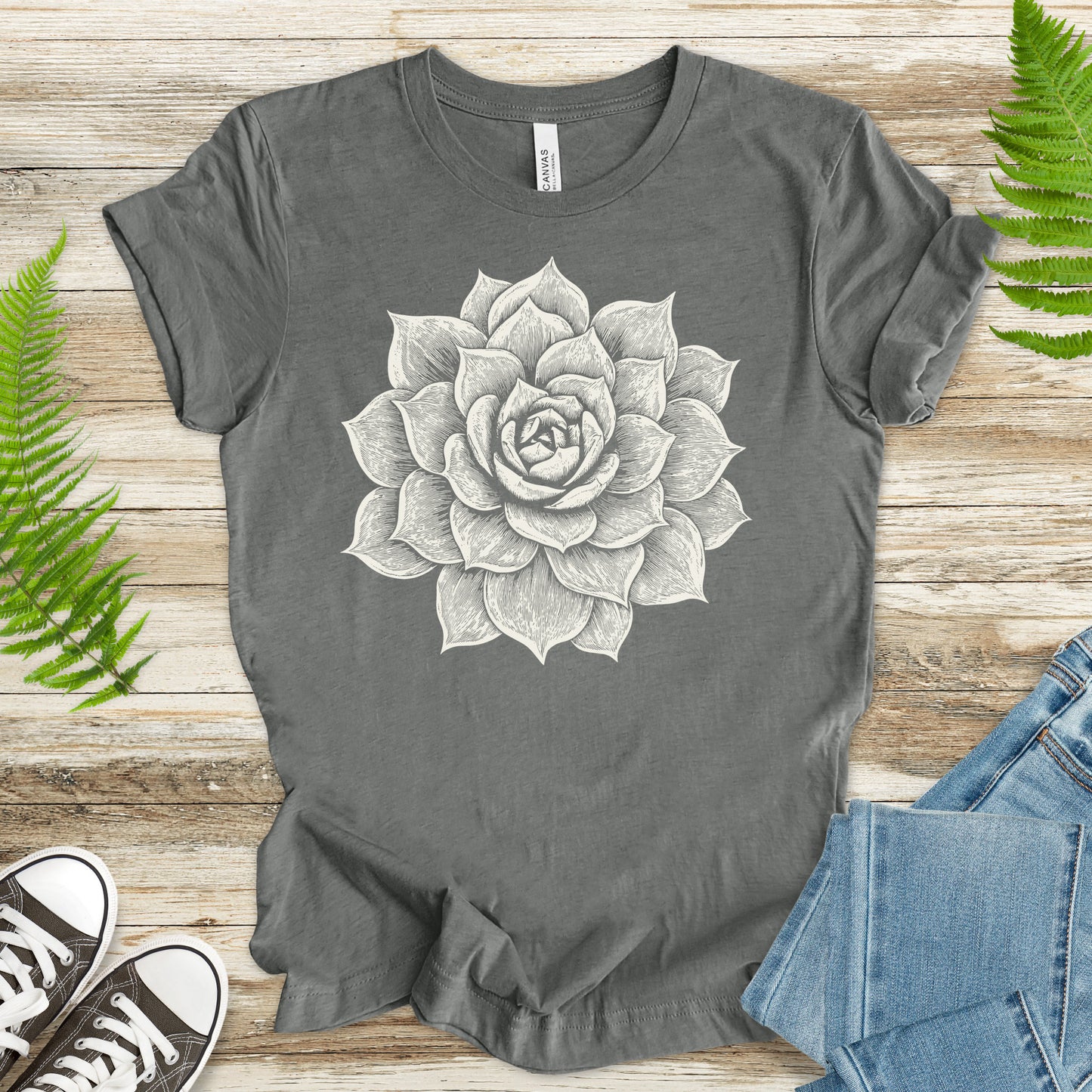 White Succulent Sketch T-Shirt – Vintage Botanical Garden Lover Tee