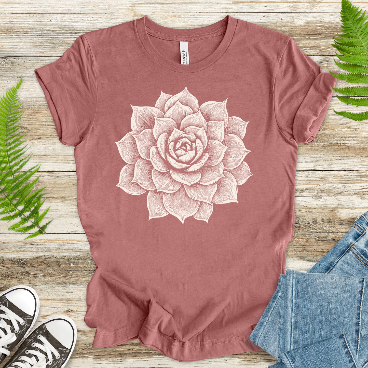 White Succulent Sketch T-Shirt – Vintage Botanical Garden Lover Tee