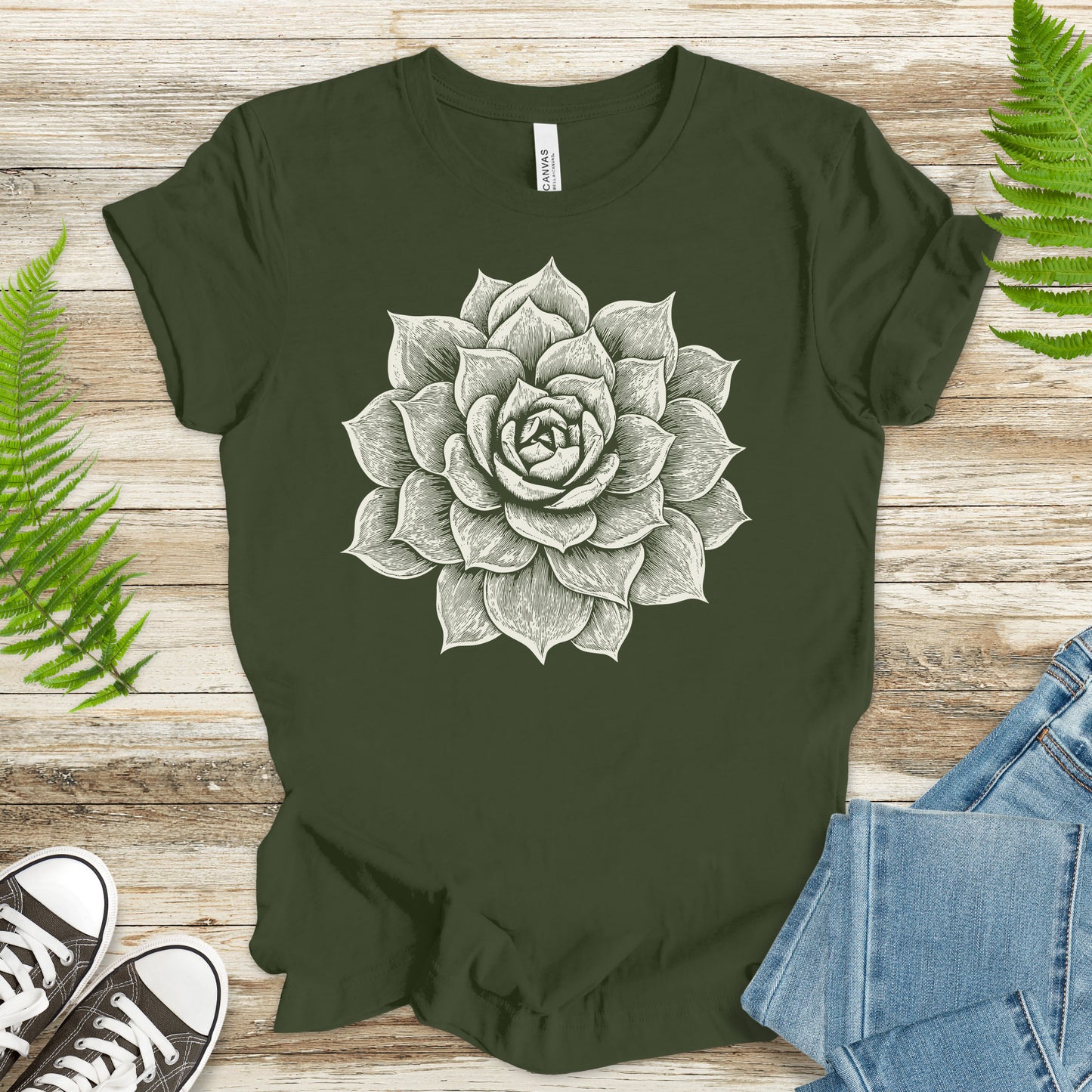 White Succulent Sketch T-Shirt – Vintage Botanical Garden Lover Tee
