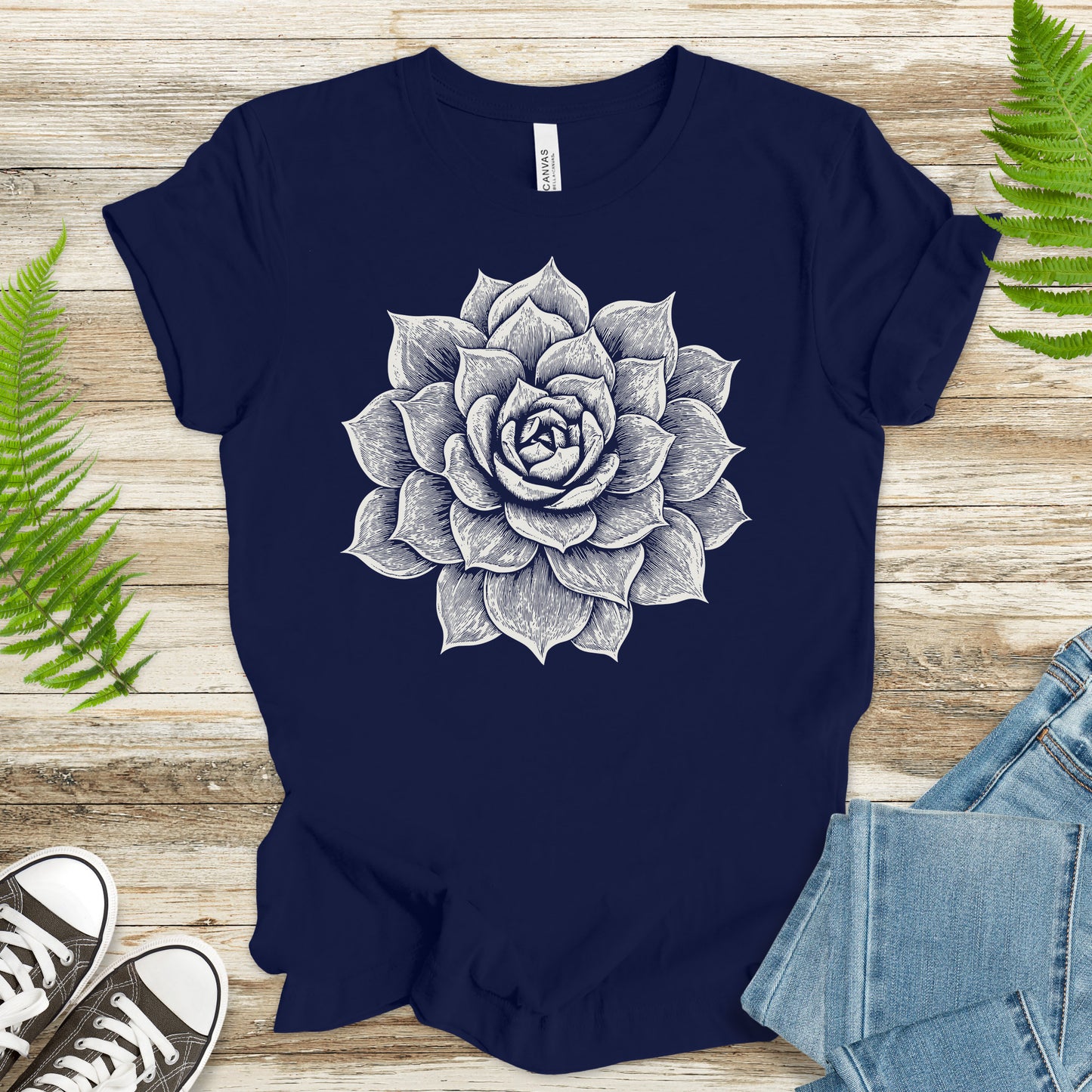 White Succulent Sketch T-Shirt – Vintage Botanical Garden Lover Tee