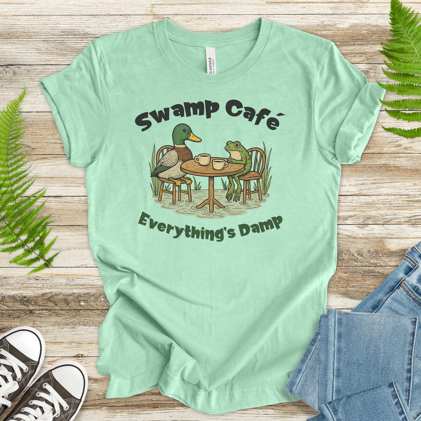 Swamp Café Funny Frog & Duck Coffee T-Shirt – Retro Nature Meme Gift